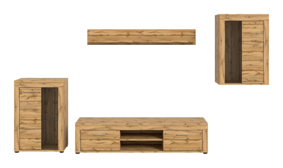 Wohnwand Jam Eiche Wotan Dekor B: 310cm - Eiche Wotan/Schwarz, Design, Glas/Holzwerkstoff (310/169/35cm) - MID.YOU