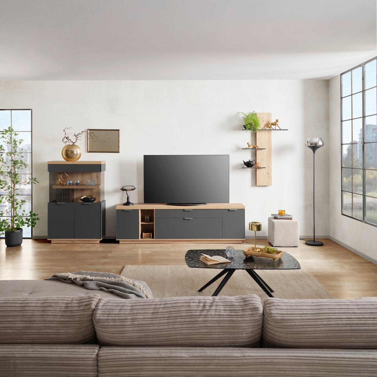 Wohnwand Jake Anthrazit/ Eiche Artisan Dekor B: 378,1cm - Anthrazit/Eiche Artisan, Trend, Glas/Holzwerkstoff (378,1/137/38cm)