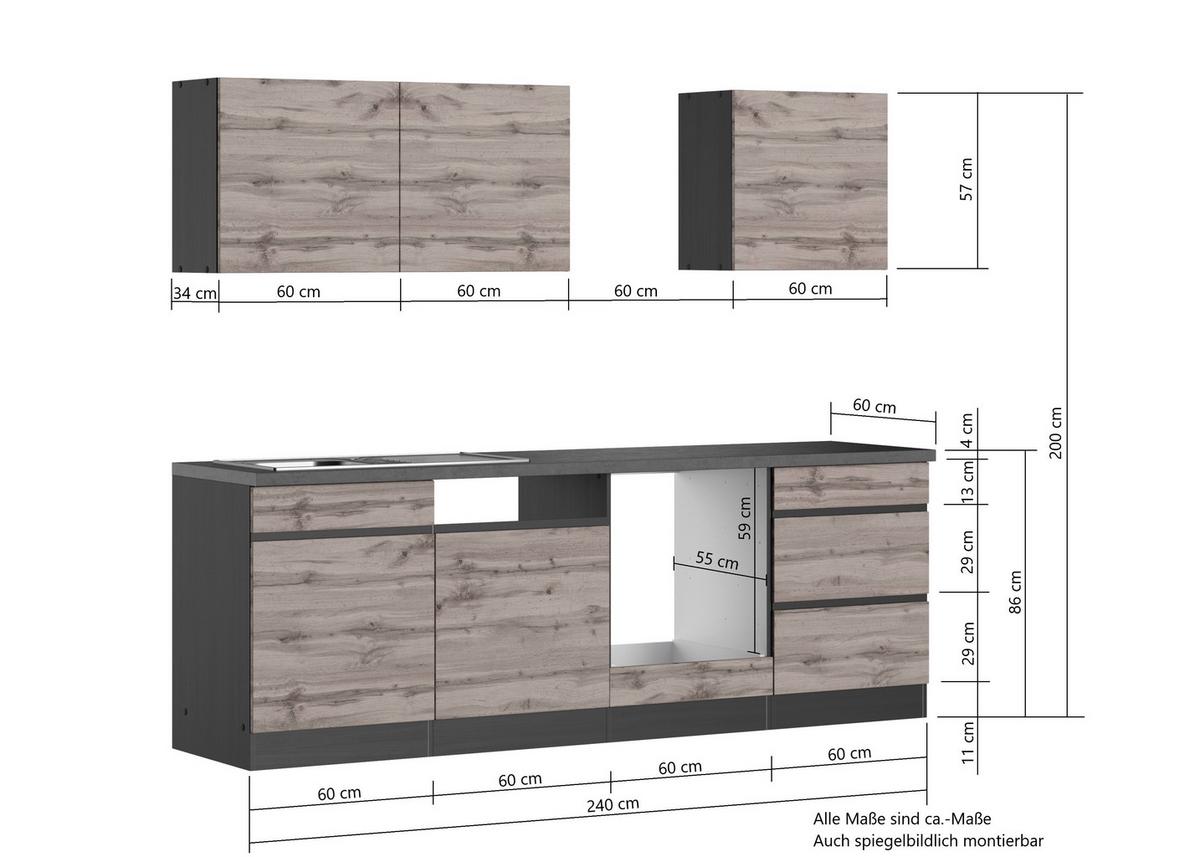 Küchenzeile Turin ohne Geräte B: 240cm Grau/Wotaneiche Dekor - Eiche Wotan/Grau, Design, Holzwerkstoff (240cm) - Held