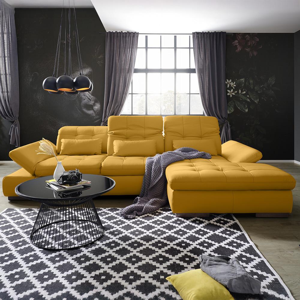 Rohová sedačka SANFINO, pravá, žlutá pravá kůže - barvy chromu/žlutá, Konvenční, kov/kůže (305/79-96/199cm) - Premium Living