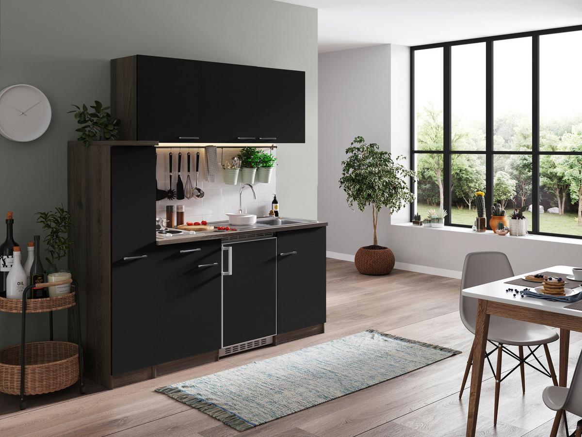 Küchenblock Oliver Singleküche 180 cm - Eichefarben/Schwarz, Basics, Holzwerkstoff (180cm) - Respekta