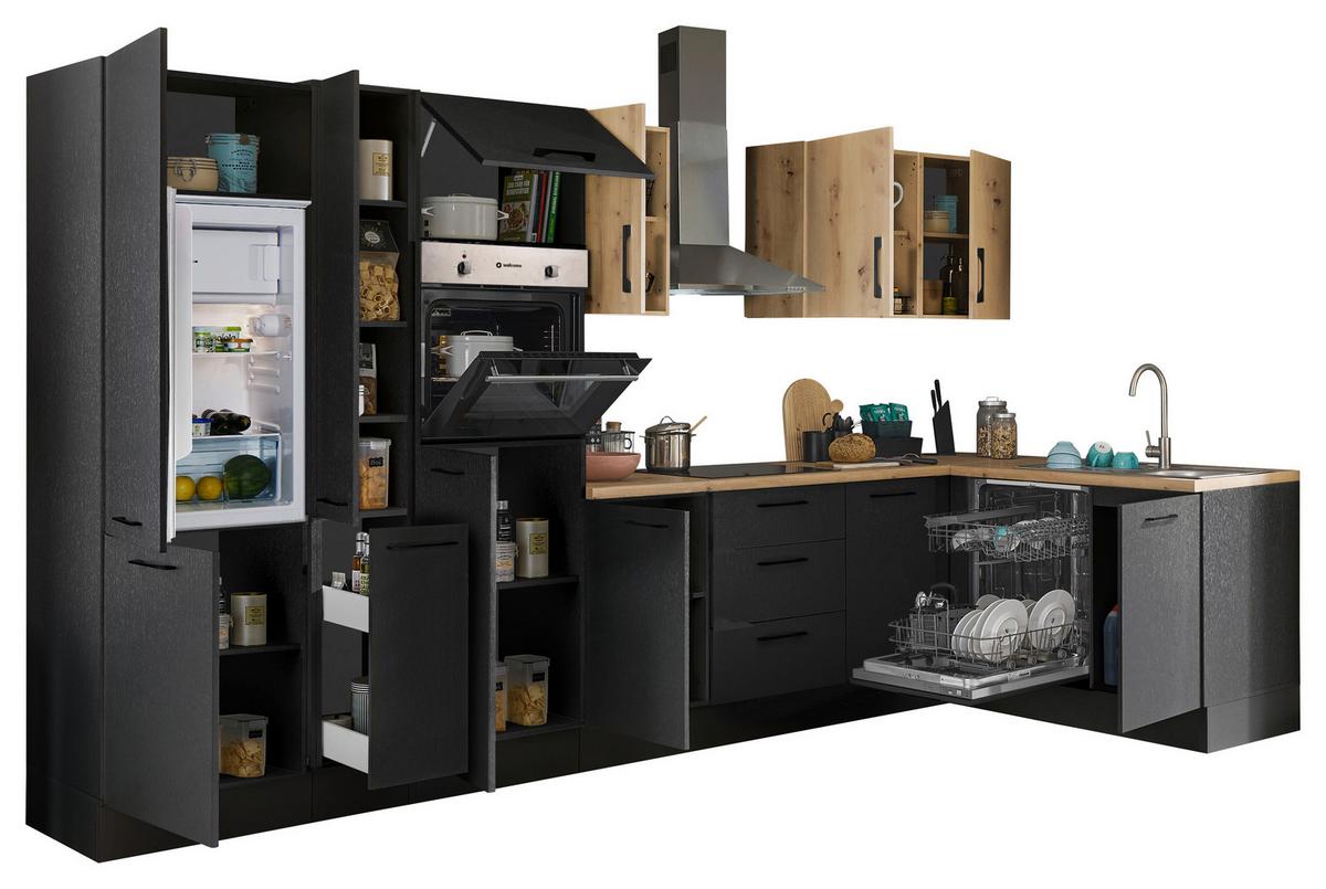 Eckküche Turin Schwarz/Eiche Dekor 370x175 cm - Schwarz/Eiche Artisan, Basics, Holzwerkstoff (370/175cm) - MID.YOU