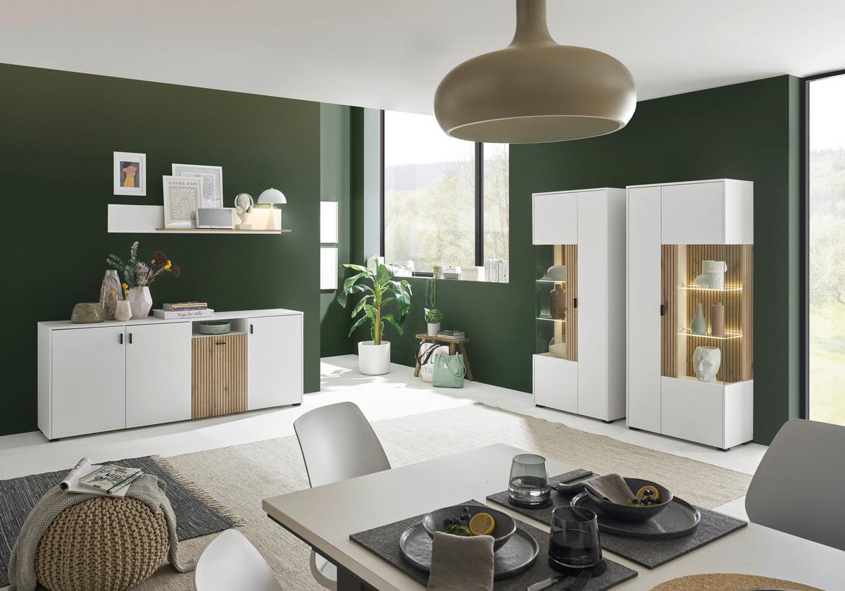 Vitrine Hudson Weiß/Eichefarben B: 75 cm - Eichefarben/Schwarz, Design, Glas/Holzwerkstoff (75/180/38cm) - MID.YOU