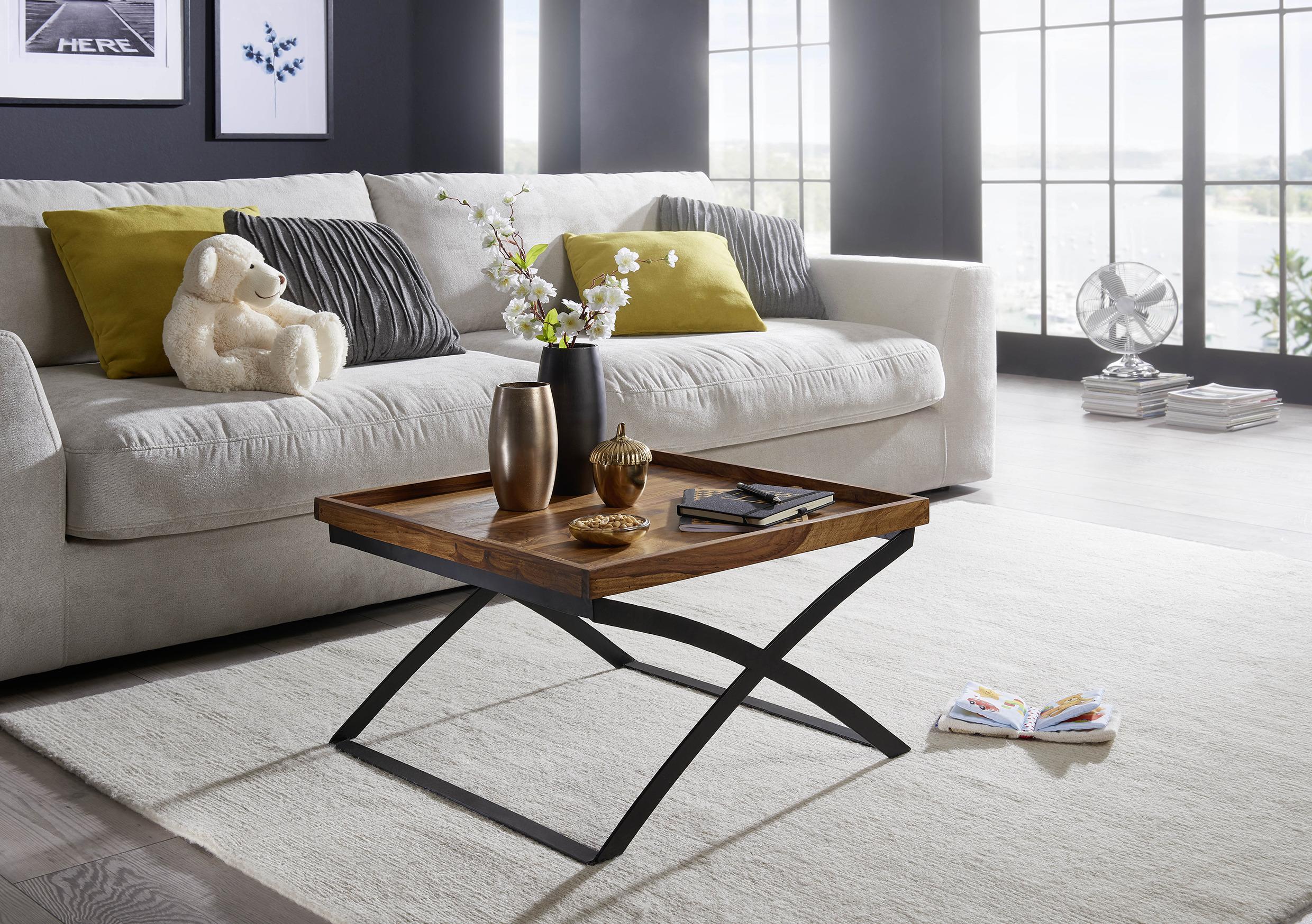 Couchtisch mit Holzplatte, Sheesham/Schwarz - Sheeshamfarben/Schwarz, Design, Holz/Metall (63/63/39cm) - MID.YOU