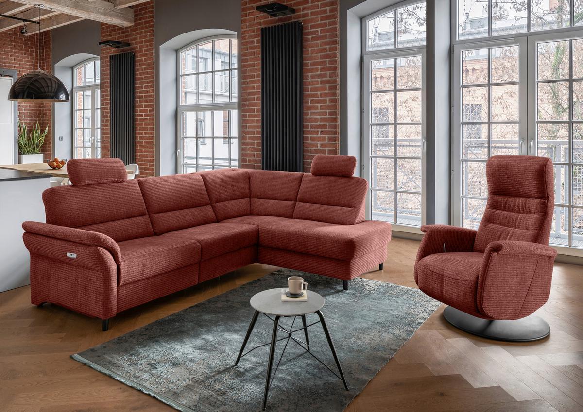 Ecksofa Cavoli Koralle Relaxfunktion S: 266x190 cm - Koralle/Schwarz, MODERN, Textil (266/190cm) - Livetastic