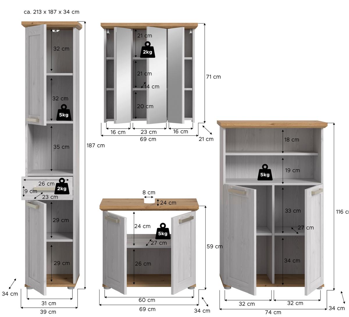 Badezimmer Verona Lärchefarben/Eiche D. B: 182cm - Silberfarben/Lärchefarben, Trend, Glas/Holzwerkstoff (182cm) - MID.YOU