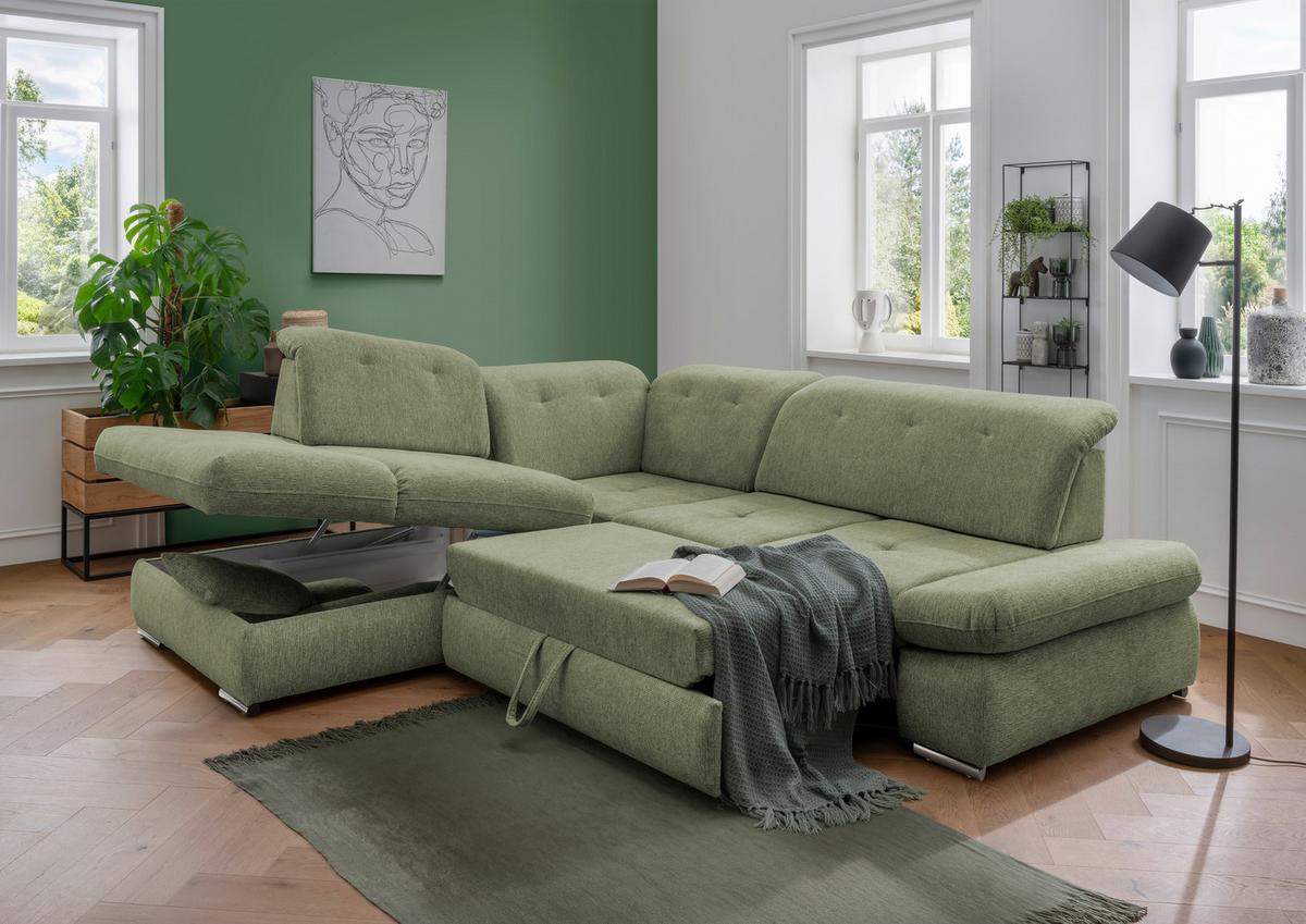 Ecksofa mit Schlaffunktion Dalida Grün Chenille - Chromfarben/Grün, Design, Textil (254/280cm) - Livetastic