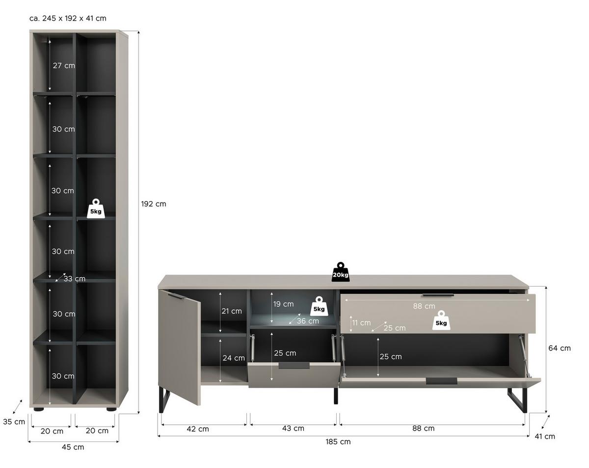 Wohnwand Noida Kaschmirfarben /Schwarz B: 245cm - Kaschmir/Schwarz, Design, Holzwerkstoff (245/192/41cm) - Livetastic