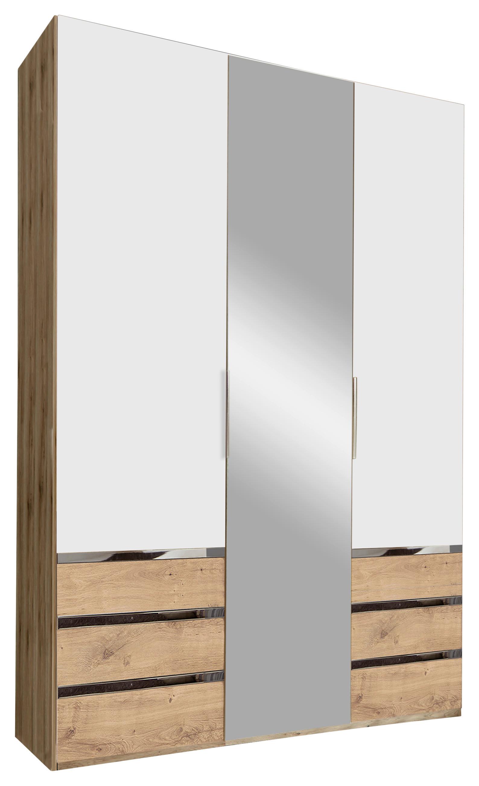Drehtürenschrank mit Spiegel + Laden 150cm Level 36a, Weiß - Eichefarben/Weiß, MODERN, Glas/Holzwerkstoff (150/216/58cm) - MID.YOU