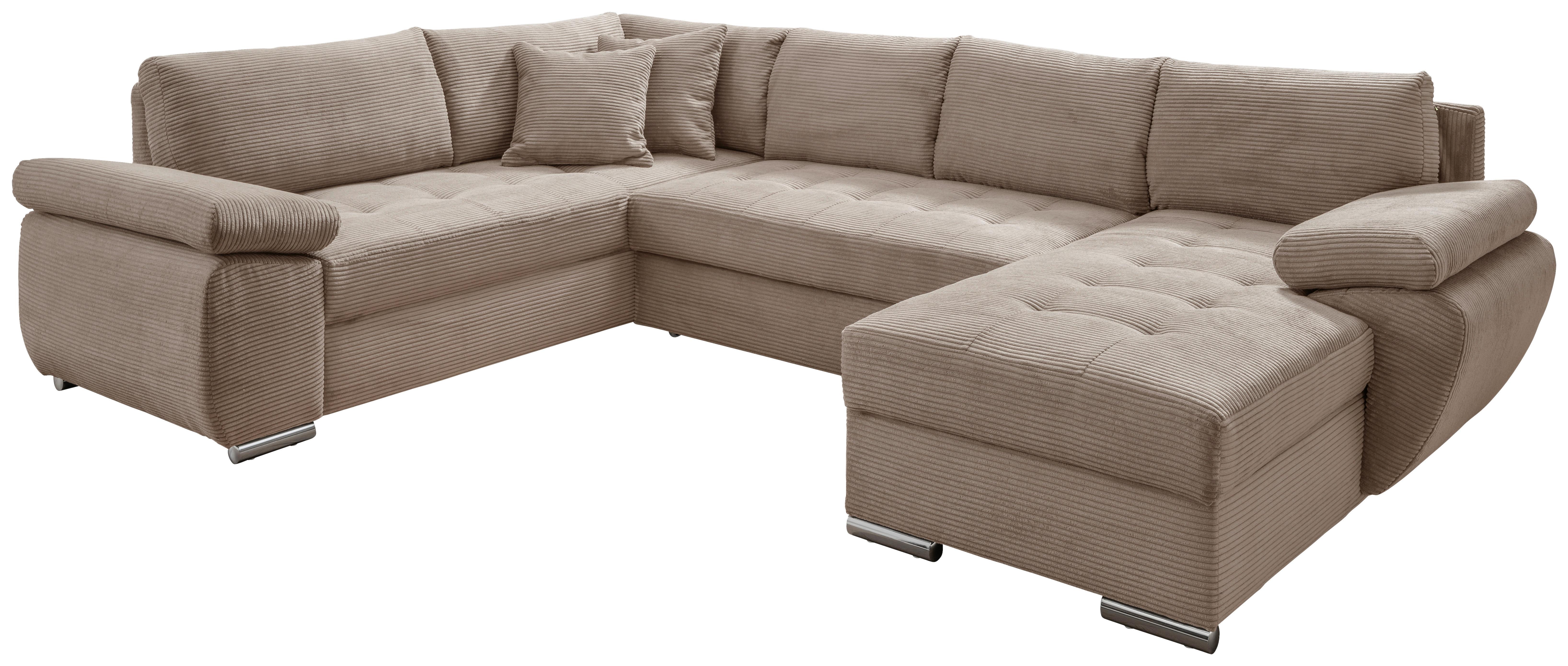 Wohnlandschaft Terana mit Schlaffunktion, Graubraun - Chromfarben/Graubraun, KONVENTIONELL, Textil (219/305/157cm) - Livetastic