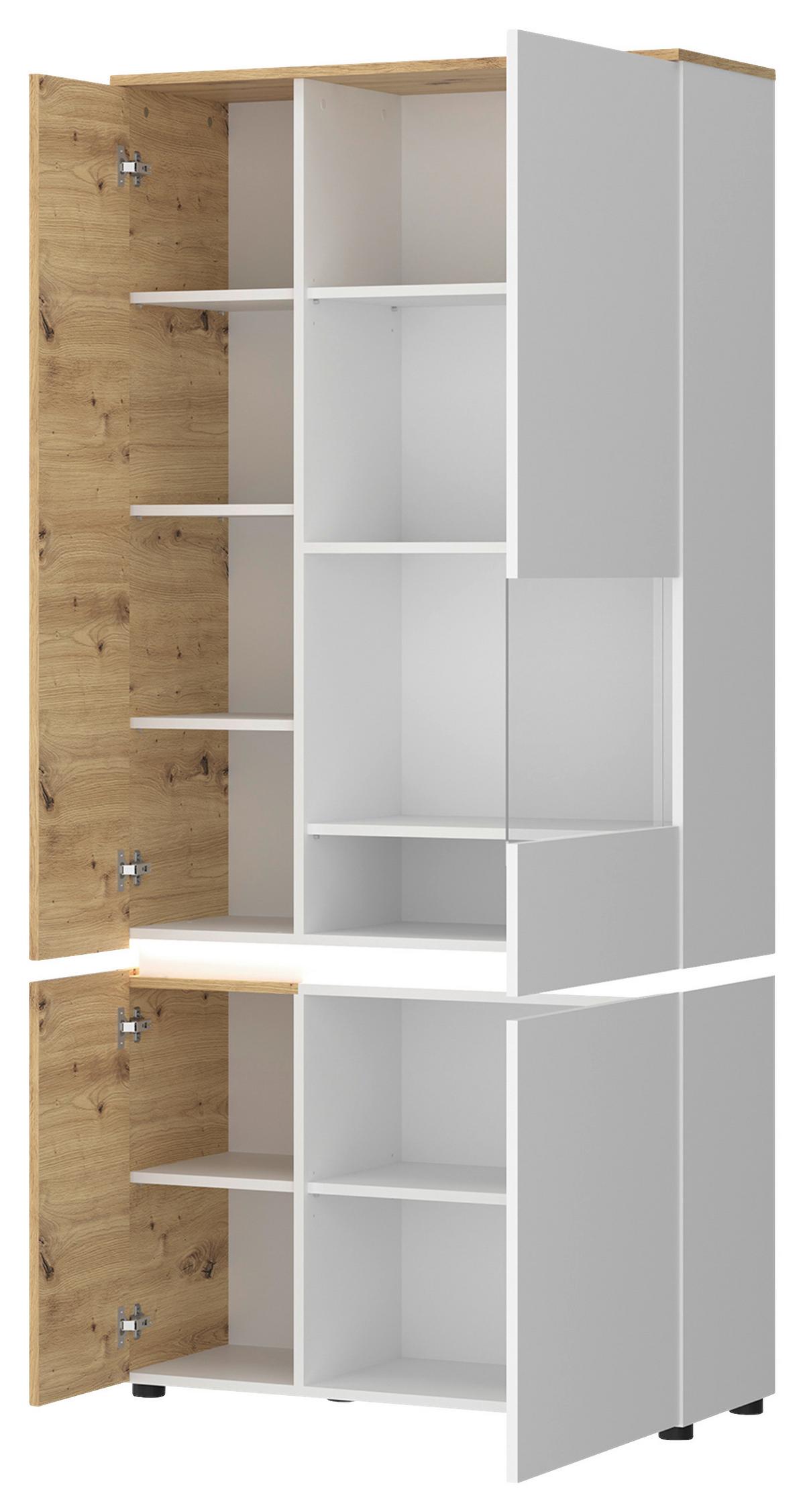 Vitrine Luci Weiß Eiche Artisan/Weiß B: 90,4 cm - Weiß/Eiche Artisan, Trend, Glas/Holzwerkstoff (90,4/199/40cm) - MID.YOU