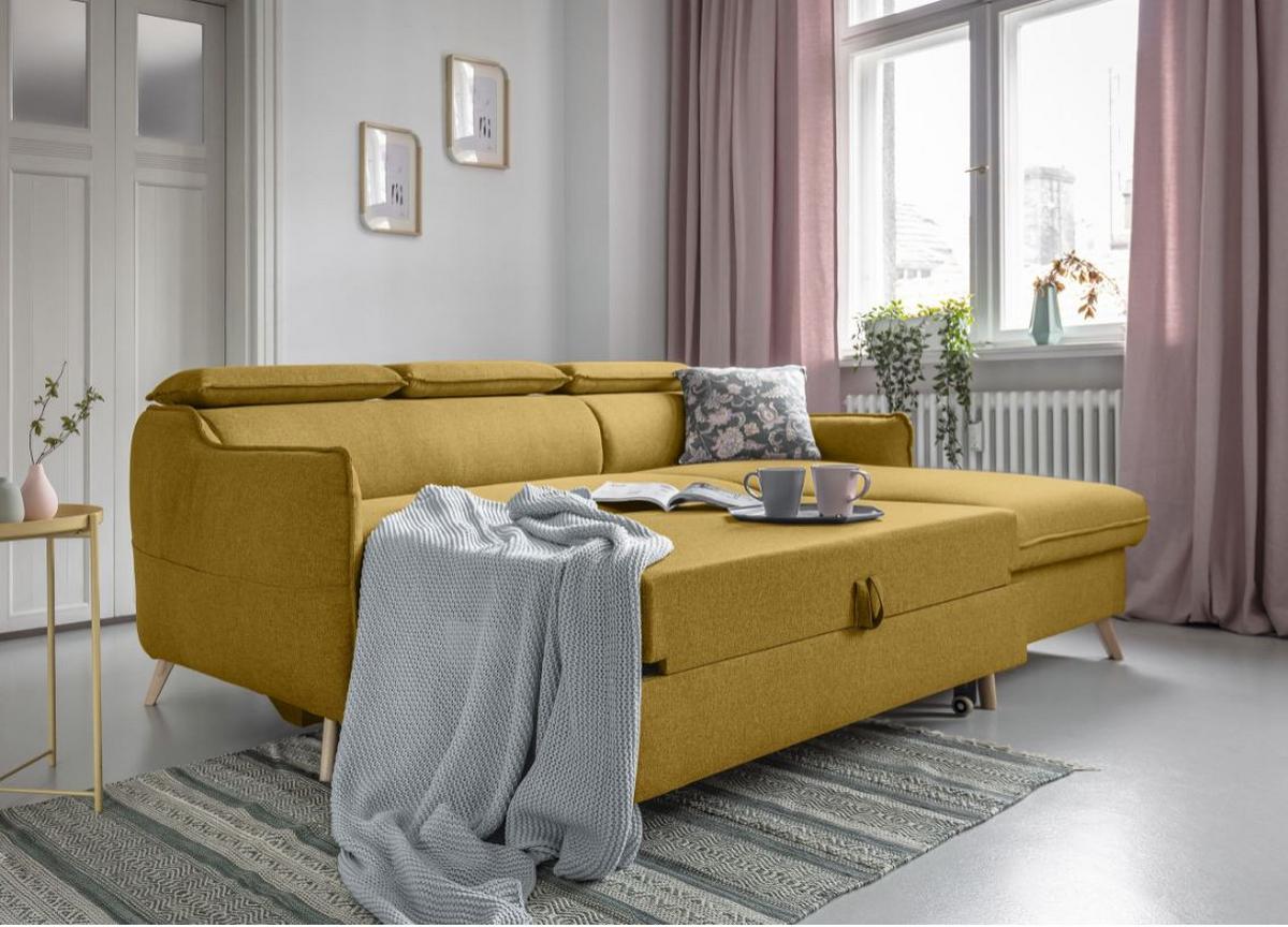Rozkladacia sedačka Simone, pravé prevedenie - horčicovožltá/prírodná farba, Modern, drevo/textil (228/82/95/162cm)