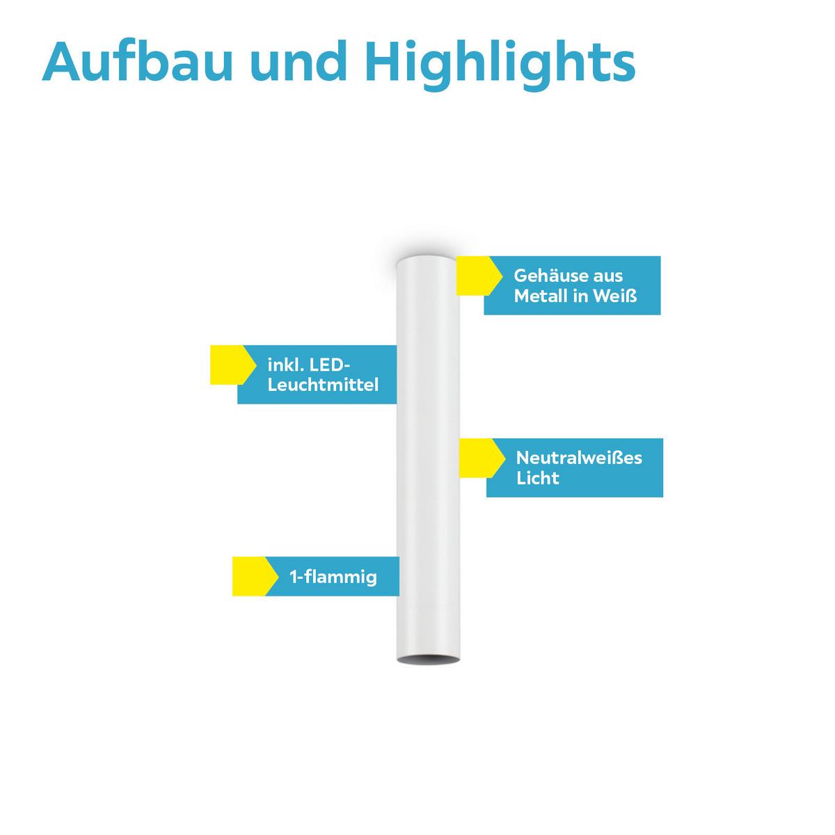 LED-Deckenleuchte Look Ø 6 cm 1-Flammig Zylindrisch - Weiß, KONVENTIONELL, Metall (6/40cm) - Ideal Lux