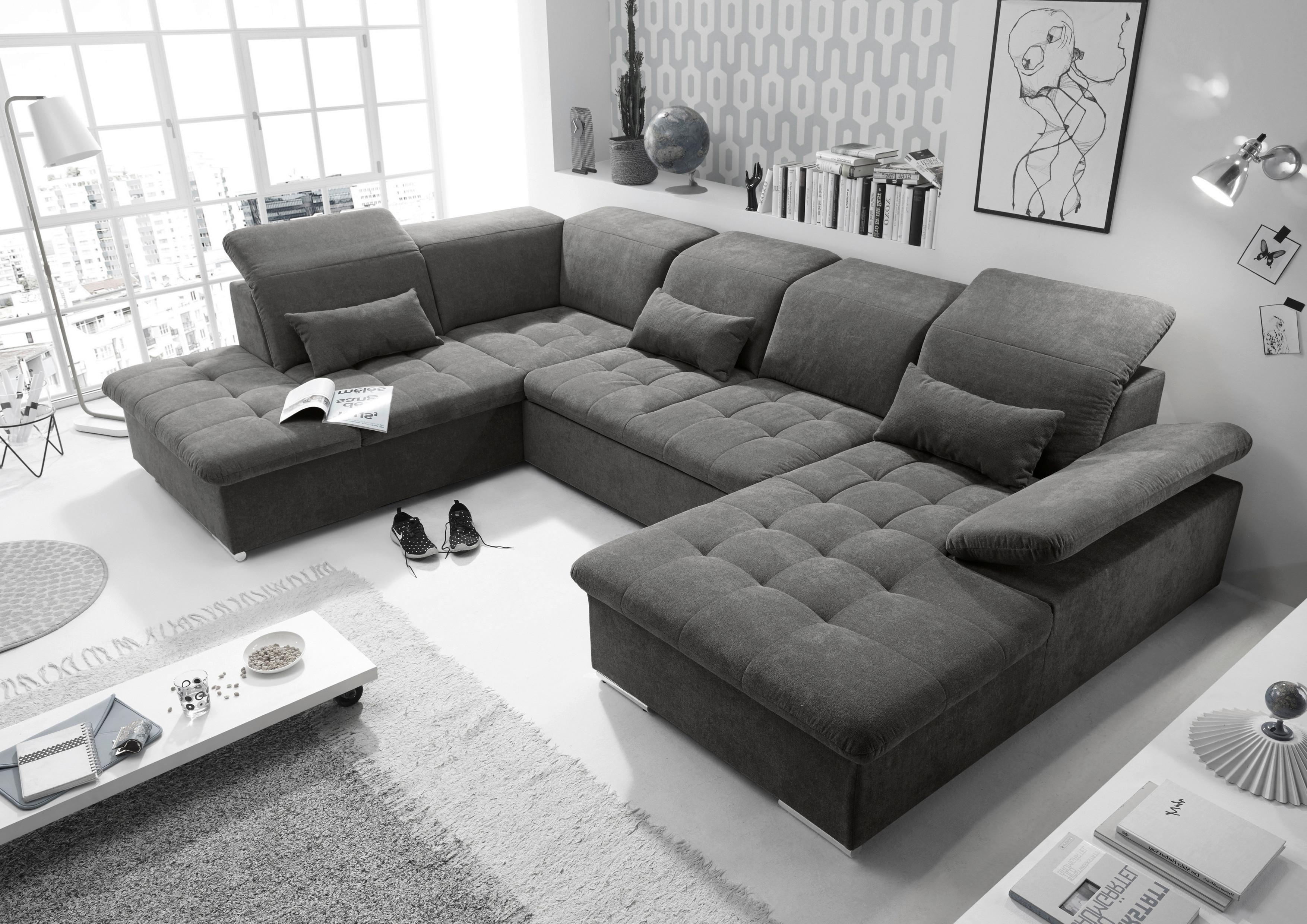 Wohnlandschaft Wayne Mit Schlaffunktion Dunkelgrau - Dunkelgrau/Silberfarben, KONVENTIONELL, Textil (240/340/188cm) - MID.YOU