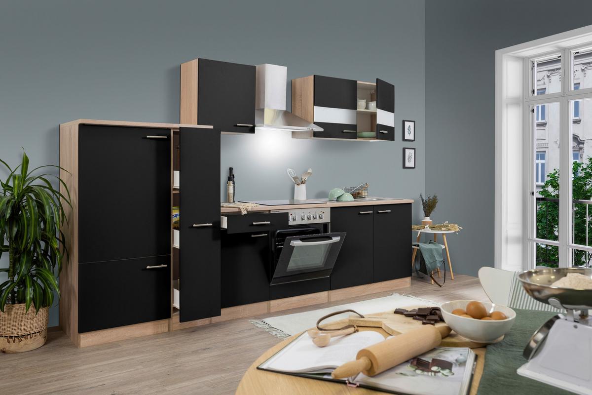 Küchenzeile ohne Geräte B: 300 cm Schwarz/Eiche Dekor - Eichefarben/Schwarz, Basics, Holzwerkstoff (300cm) - Respekta