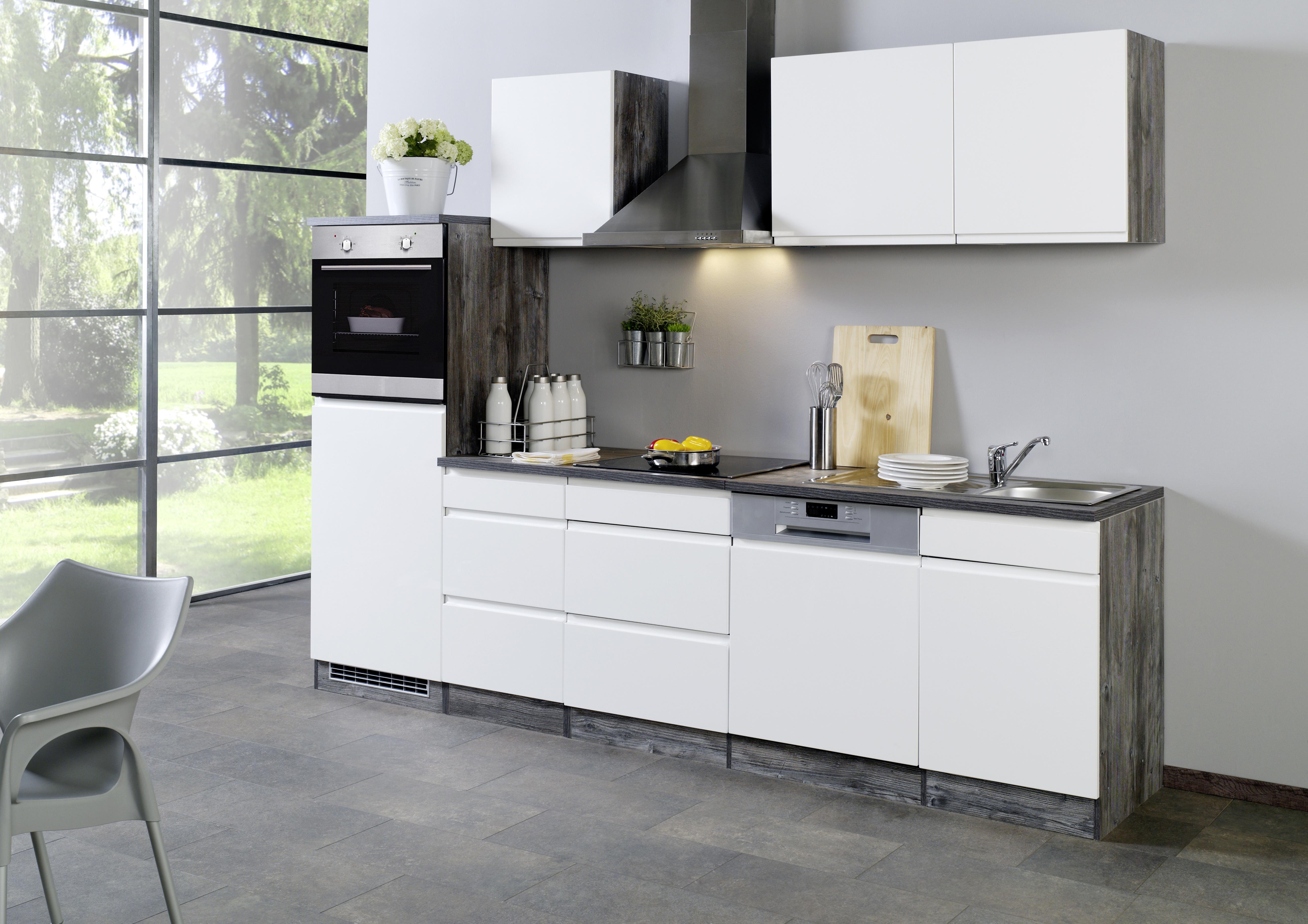 MID.YOU Küchenzeile Cardiff mit Geräten 280 cm Weiß Hochglanz/Eiche