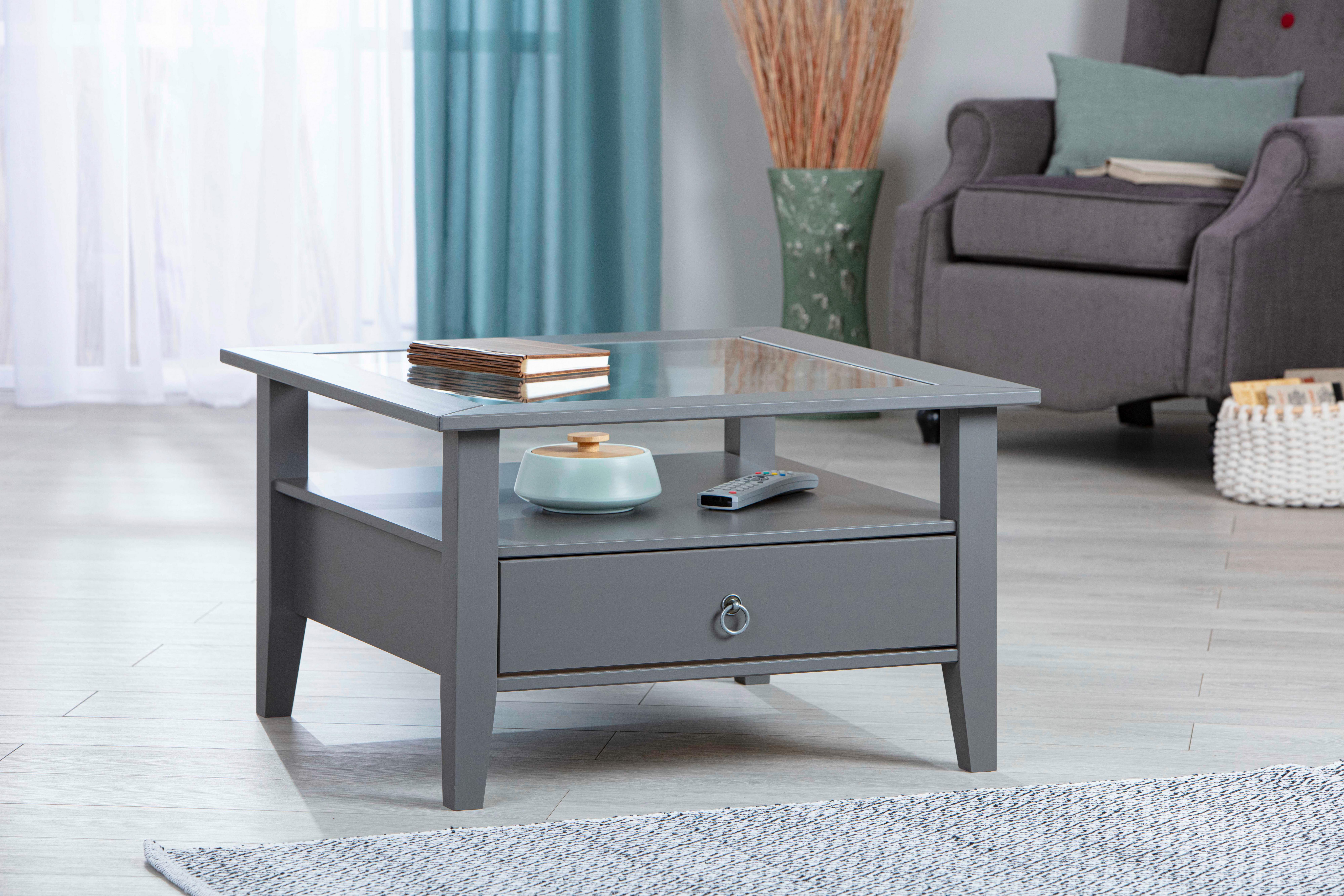 Couchtisch Holz Massiv Mit Schublade Provence, Grau - Grau, Basics, Glas/Holz (75/75/45cm) - MID.YOU