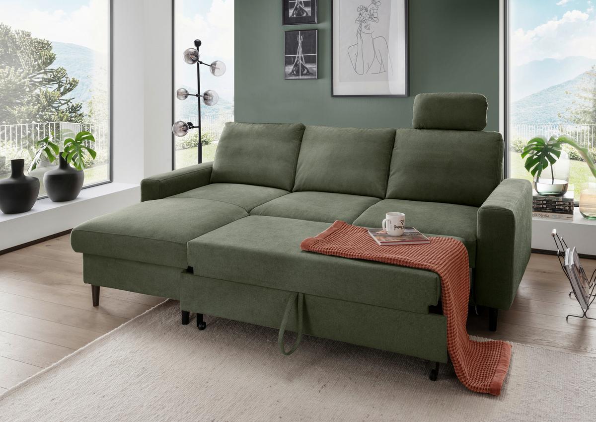 Eckschlafsofa Passione Dunkelgrün S: 147x234 cm - Dunkelgrün/Schwarz, MODERN, Textil (147/234cm) - Livetastic