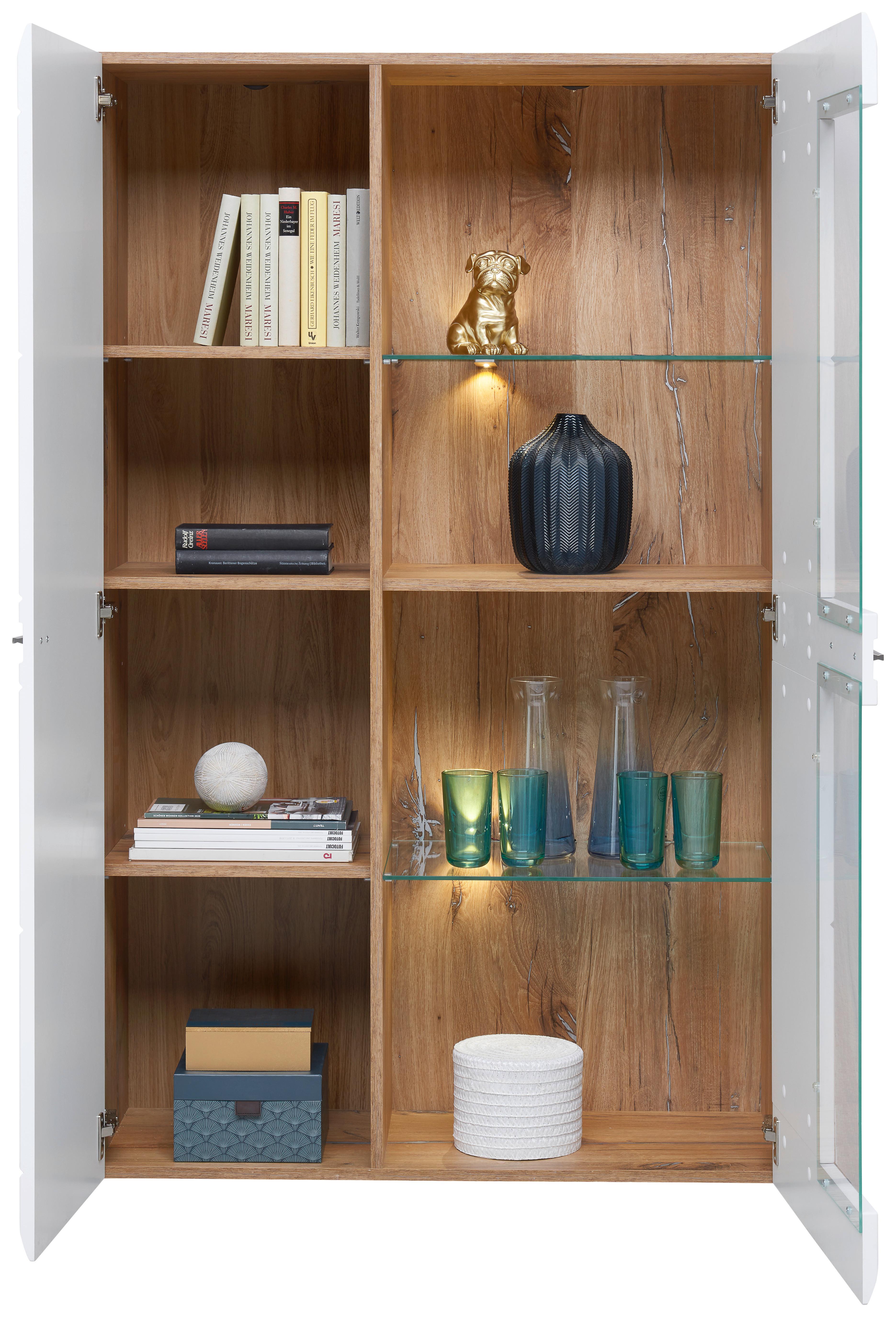 Vitrine Auris B: 95 cm Eiche Dekor/Weiß - Weiß, MODERN, Glas/Holzwerkstoff (95/154,4/37,1cm) - Luca Bessoni
