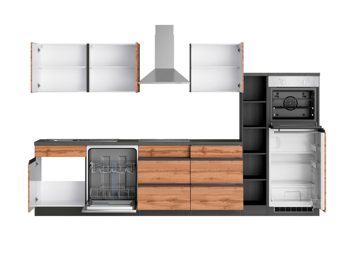 Küchenzeile Turin mit Geräten B: 330 cm Graphit/Eiche Dekor - Eiche Wotan/Graphitfarben, Design, Holzwerkstoff (330cm) - Held