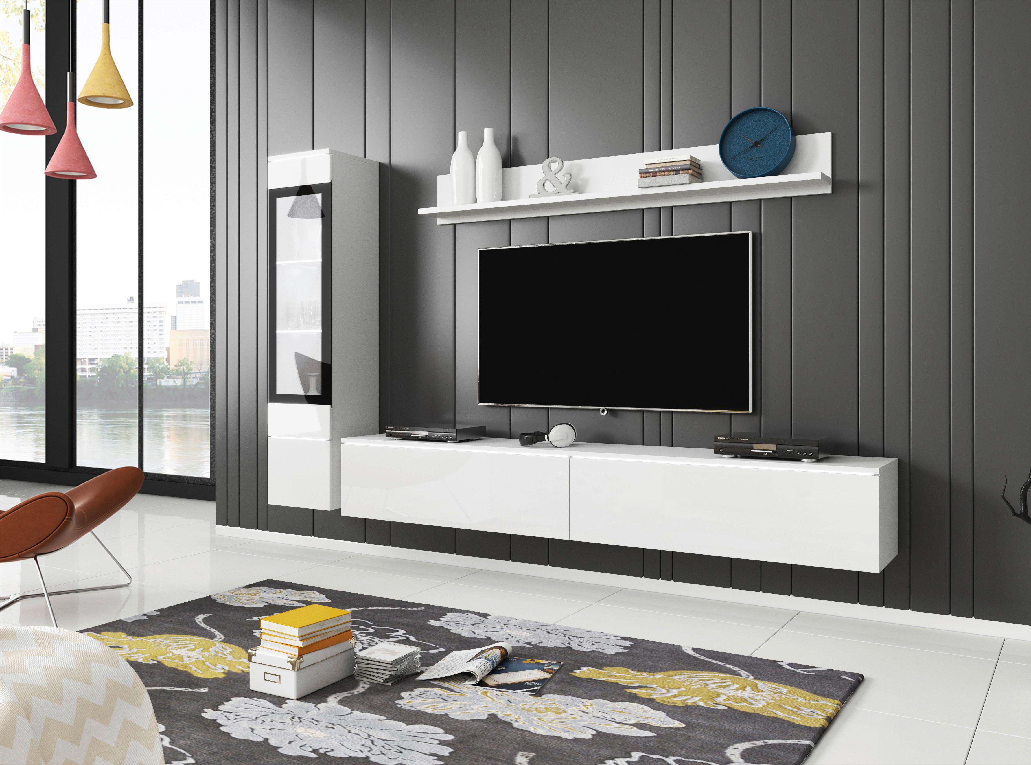 Wohnkombination 3-Tlg. mit Led Vera Weiß Hochglanz - Weiß Hochglanz/Weiß, LIFESTYLE, Glas/Holzwerkstoff (210/130/33cm) - P & B