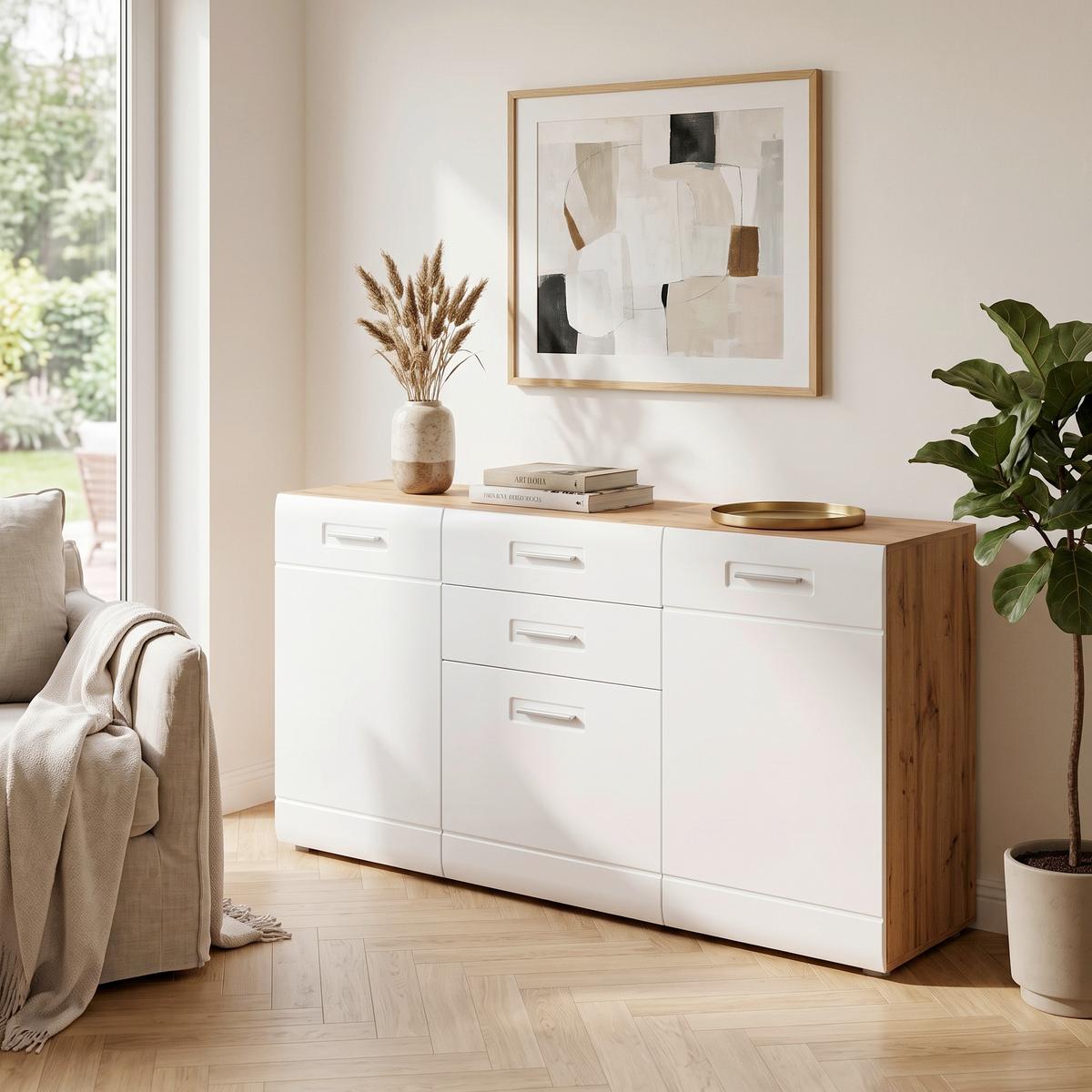 Sideboard B: 163,2 cm Auris Eiche Dekor/Weiß - Eichefarben/Weiß, MODERN, Holzwerkstoff (163,2/81,3/43,1cm) - Luca Bessoni
