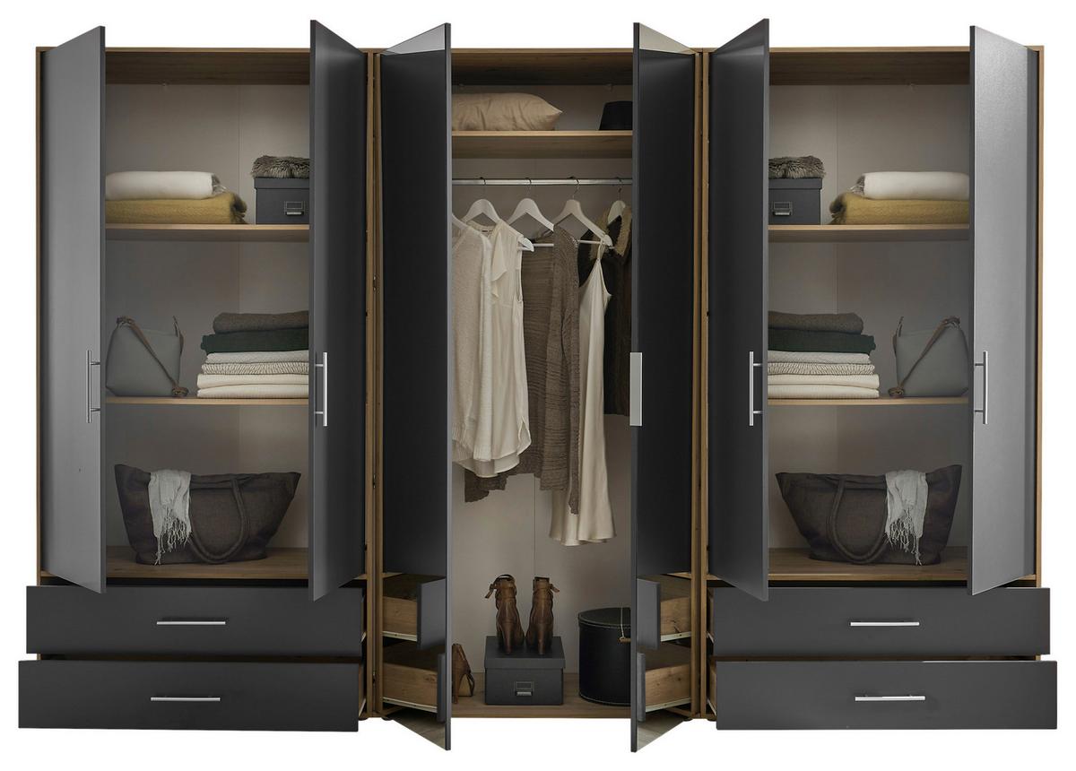 Drehtürenschrank mit Spiegel 302cm Velas Graphitfarben - Graphitfarben/Eiche Artisan, KONVENTIONELL, Glas/Holzwerkstoff (305/207/58cm)