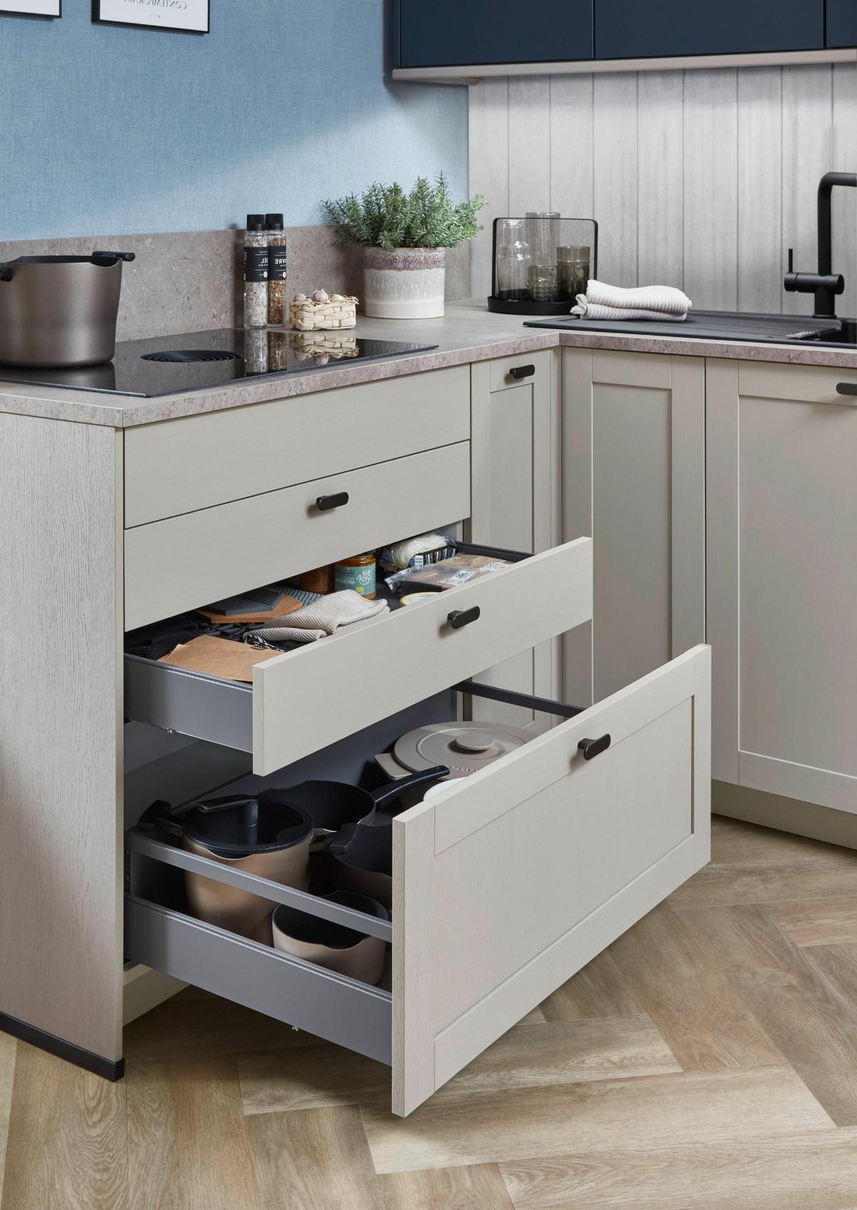 Eckküche Fermo/Eastbourne - Hellbraun/Blau, MODERN, Holzwerkstoff (181,8/303,4cm) - Vertico