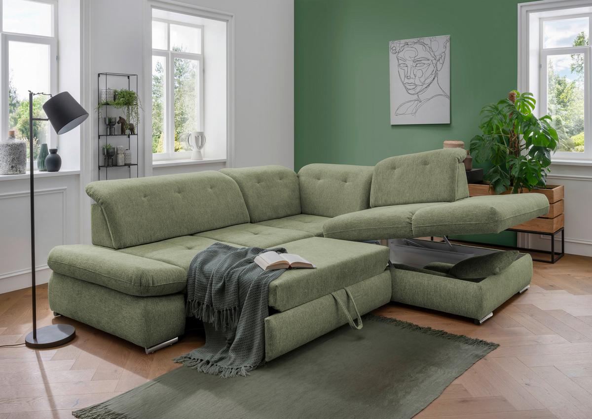 Ecksofa mit Schlaffunktion Dalida Grün Chenille - Chromfarben/Grün, Design, Textil (280/254cm) - Livetastic