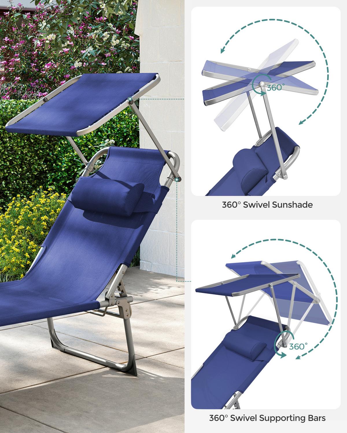 Gartenliege Dunkelblau Inkl. Sonnendach, B: 71 Cm - Alufarben/Dunkelblau, MODERN, Textil/Metall (71/38/200cm) - Modante