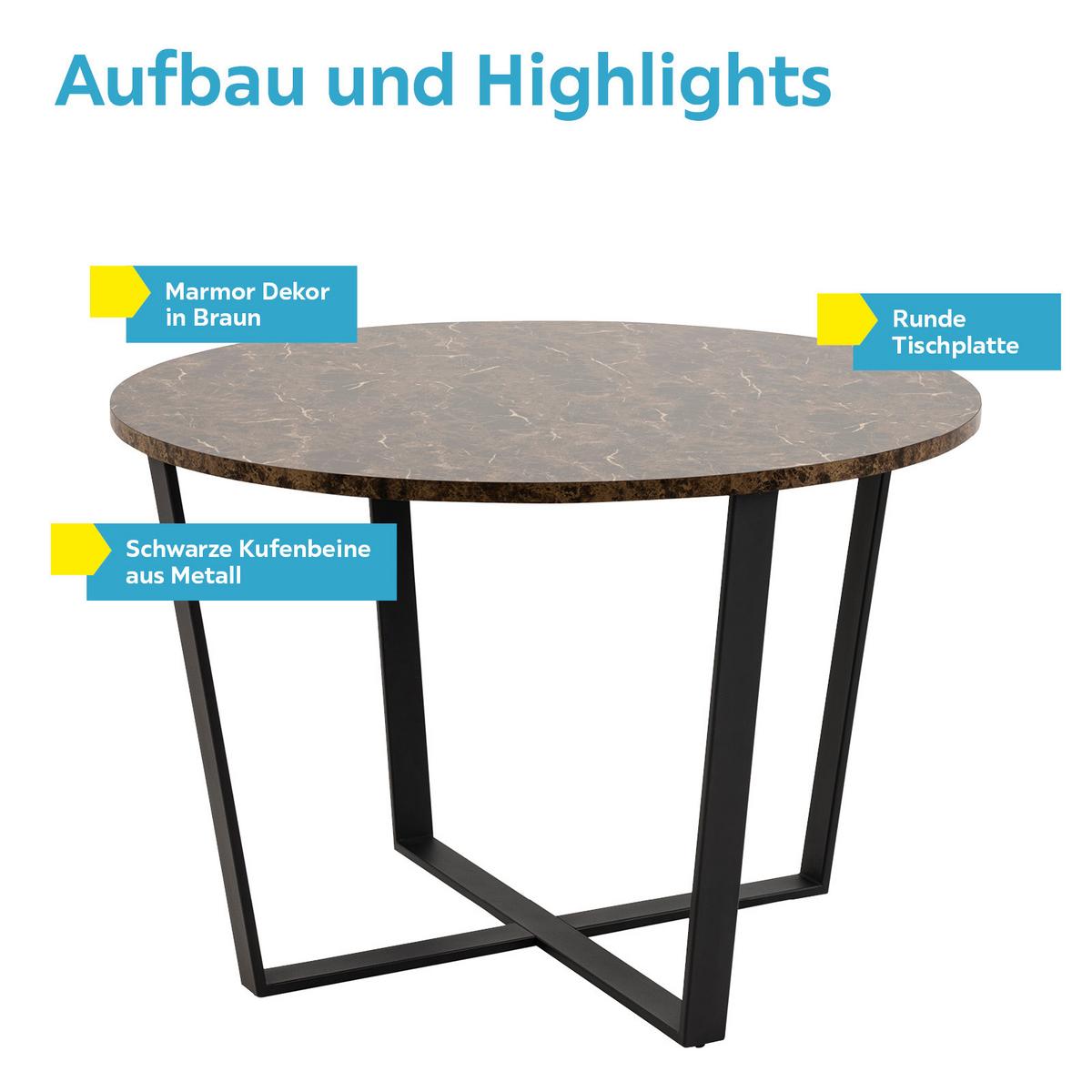 Esstisch Rund Amble Ø 110 Cm Marmor Dekor Braun - Schwarz/Braun, Basics, Holzwerkstoff/Metall (110/75cm)