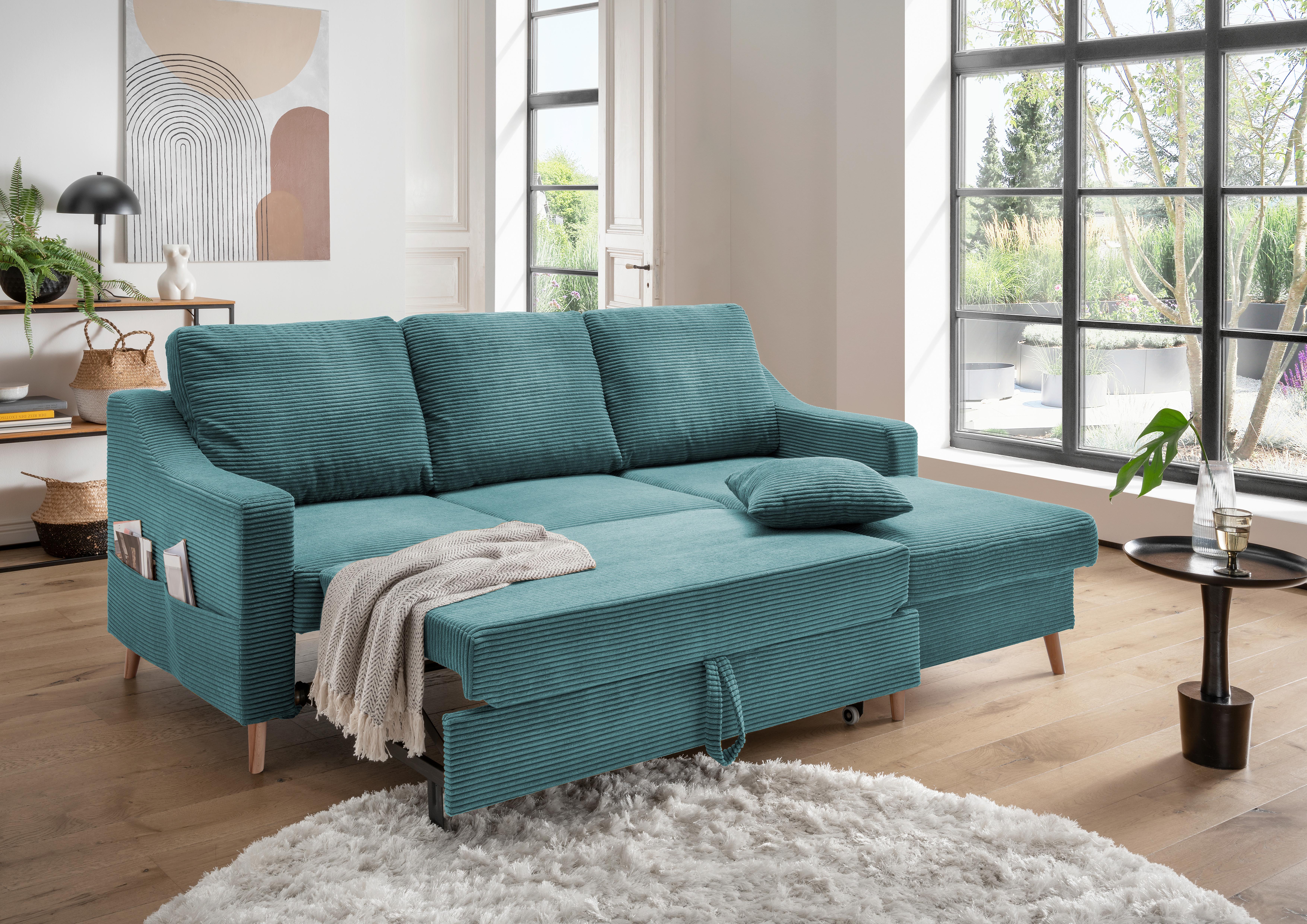 Ecksofa mit Schlaffunktion Valentina Petrol - Petrol/Naturfarben, Design, Textil (228/150cm) - P & B