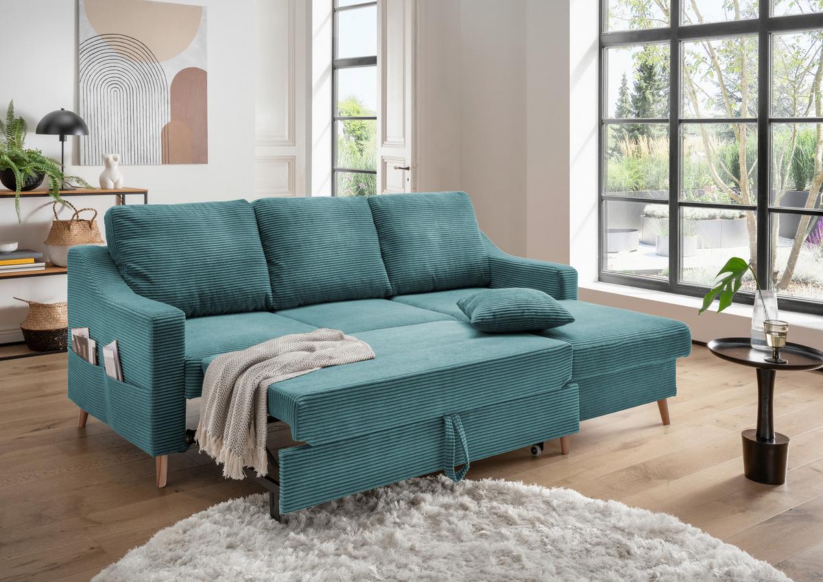 Ecksofa mit Schlaffunktion Valentina Petrol - Petrol/Naturfarben, Design, Textil (228/150cm) - P & B