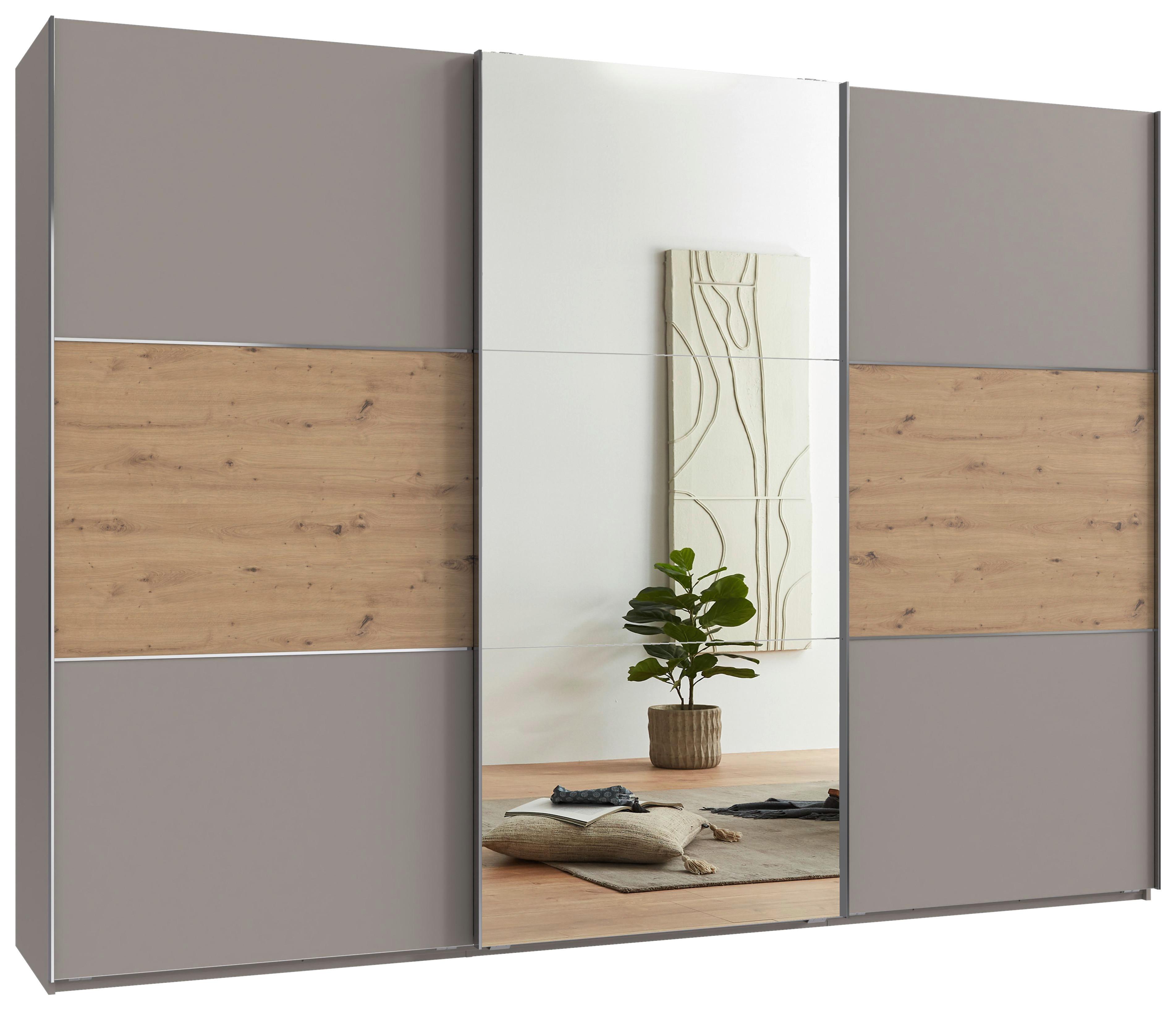 Schwebetürenschrank Indian A Sahara/Eiche Artisan, B: 300cm - Weiß, KONVENTIONELL, Glas/Holzwerkstoff (300/216/65cm)