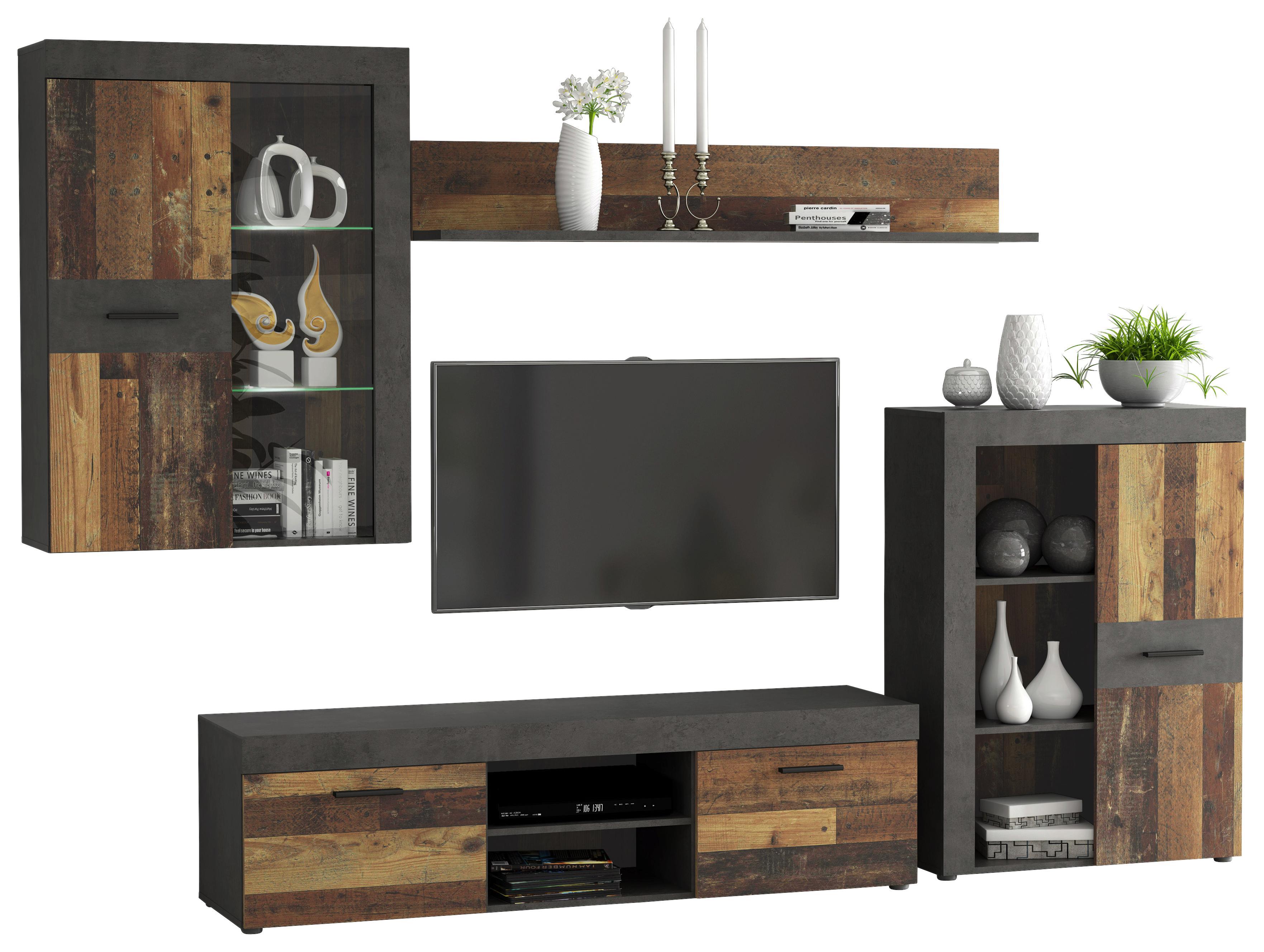 Vitrinkombináció Grigor - Tölgyfa/Iszap, modern, Faalapú anyag/Műanyag (290/192,3/41cm)