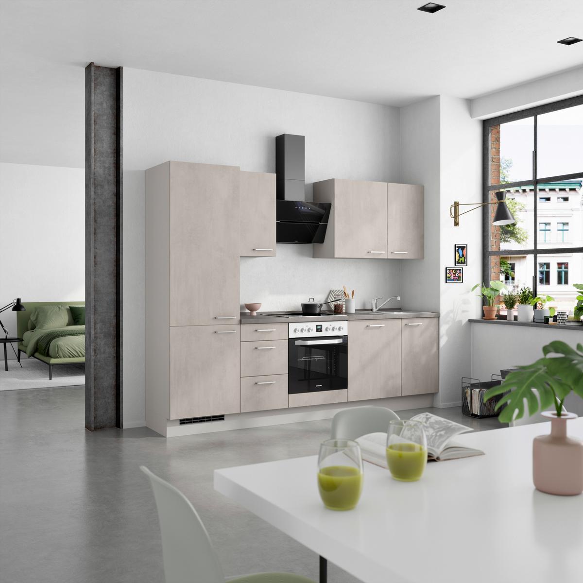 Kuchynská linka 270 cm, šedý betón/ kamenná šedá - sivá/farba ušľachtilej ocele, Modern, kov/kompozitné drevo (270cm) - Nobilia