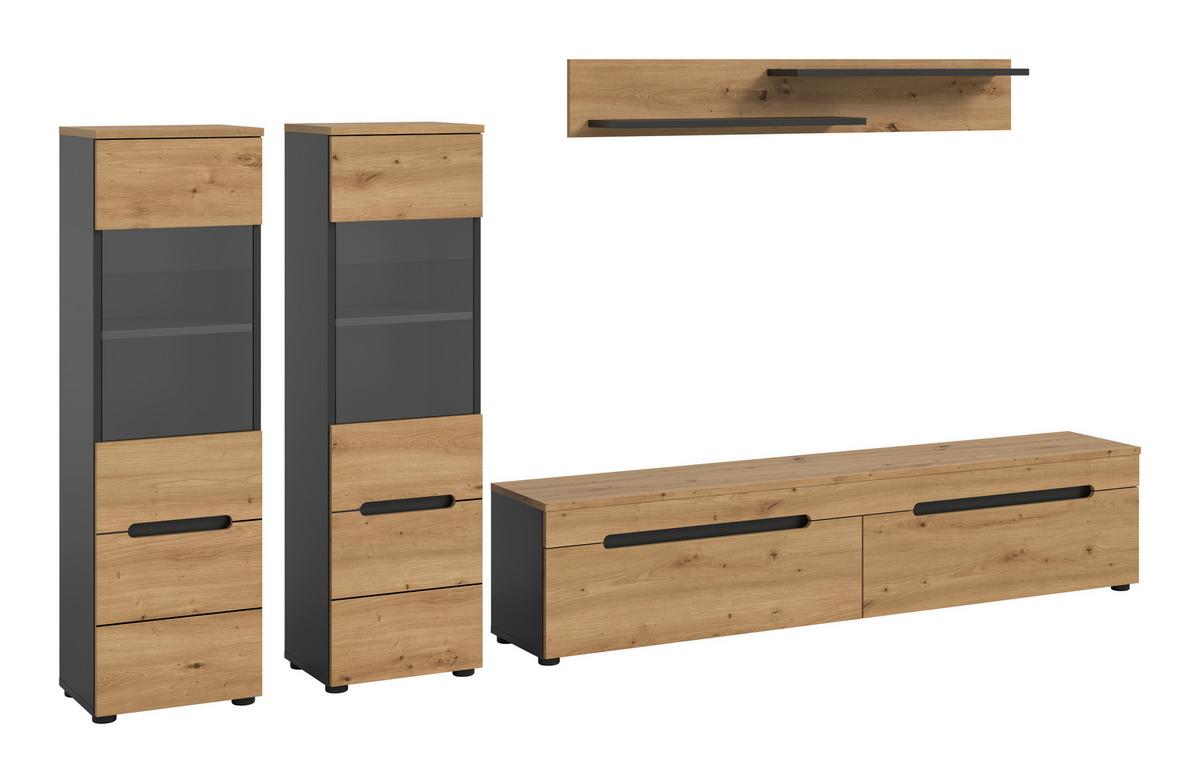 Wohnwand Canu Eiche Artisan Dekor B: 272cm - Schwarz/Eiche Artisan, Design, Holzwerkstoff (272/141/33cm) - Livetastic