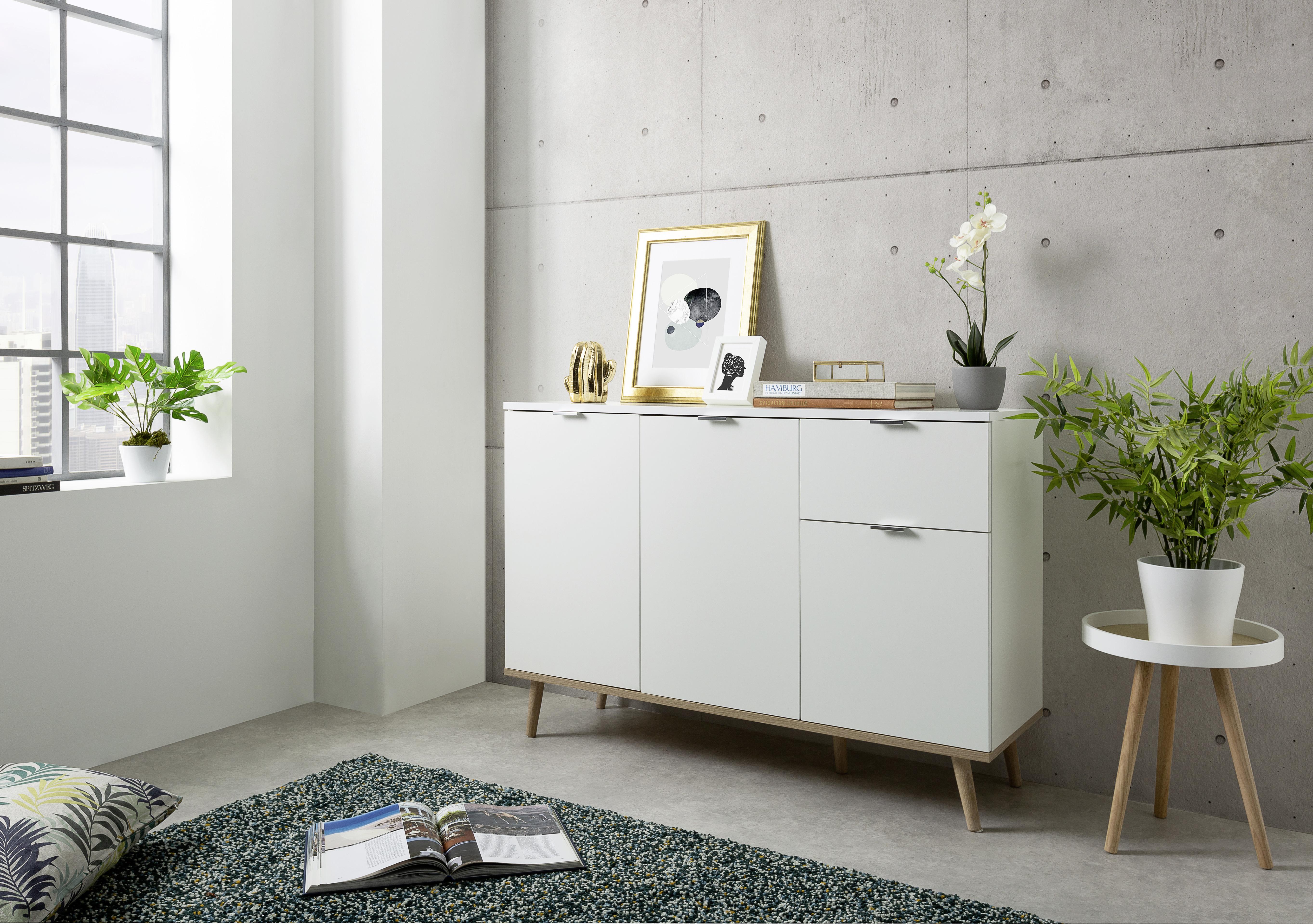 Kommode mit Echtholz-Füßen B 120cm Göteborg 56, Weiß/Eiche - Weiß/Sonoma Eiche, KONVENTIONELL, Holzwerkstoff (120/85/40cm) - MID.YOU