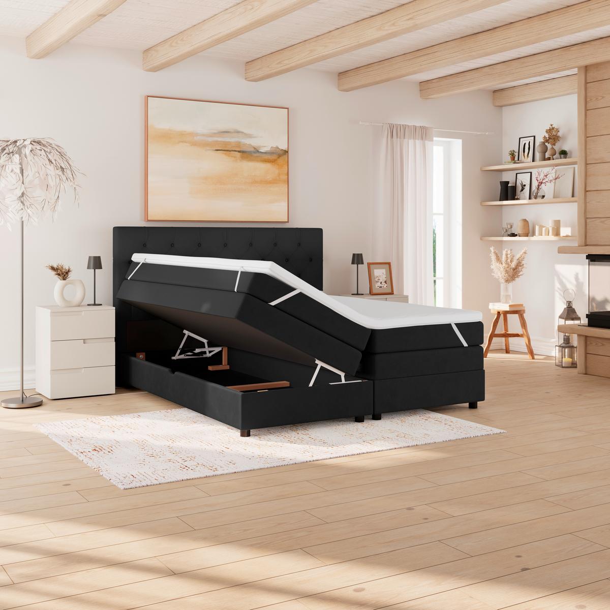 Boxspringbett Elio Schwarz 180x200 cm H2 - Schwarz, ROMANTIK / LANDHAUS, Textil (184/121/212cm) - James Wood