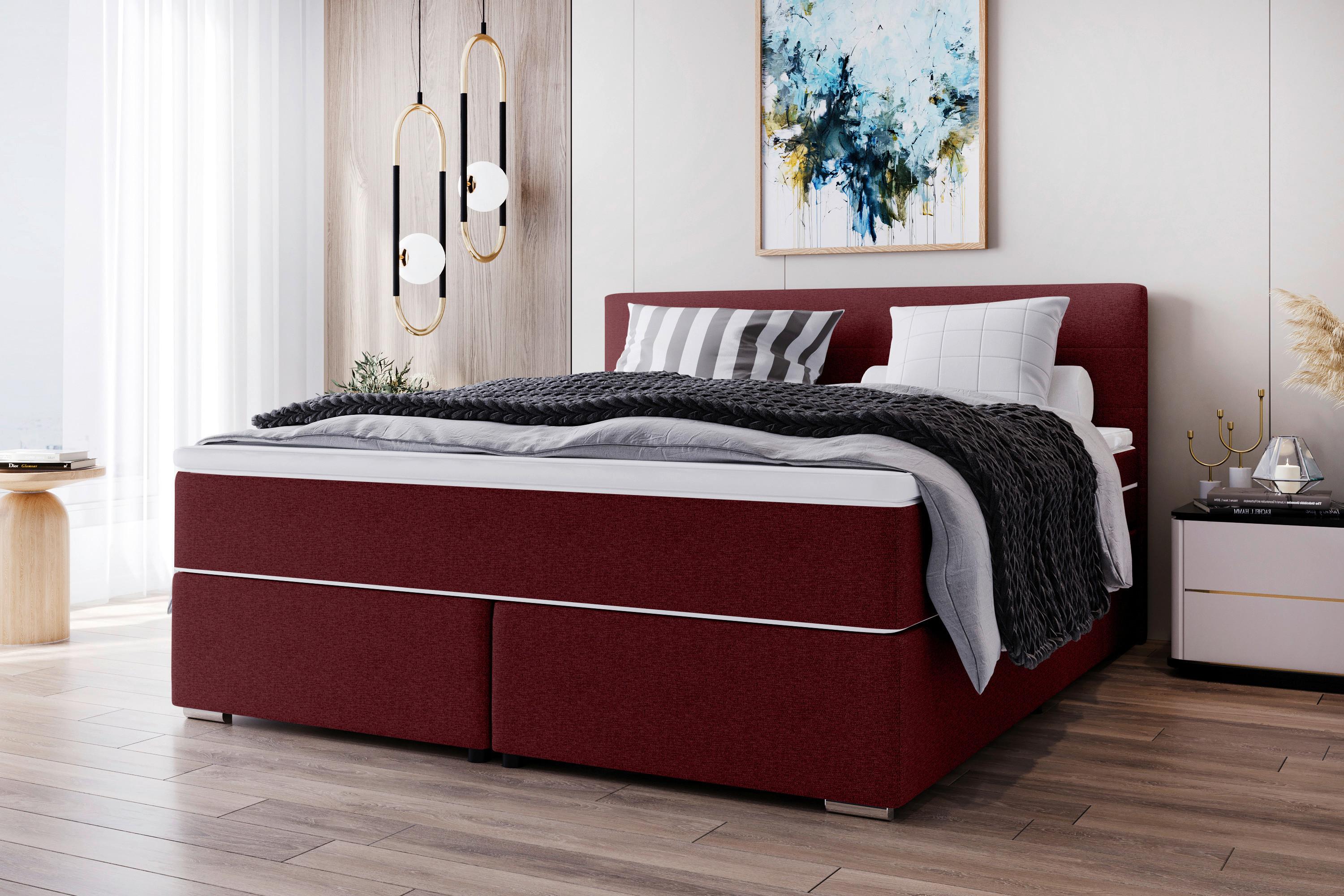 Boxspringbett mit Topper 180x200 Catania - Chromfarben/Weinrot, KONVENTIONELL, Textil (180/200cm)