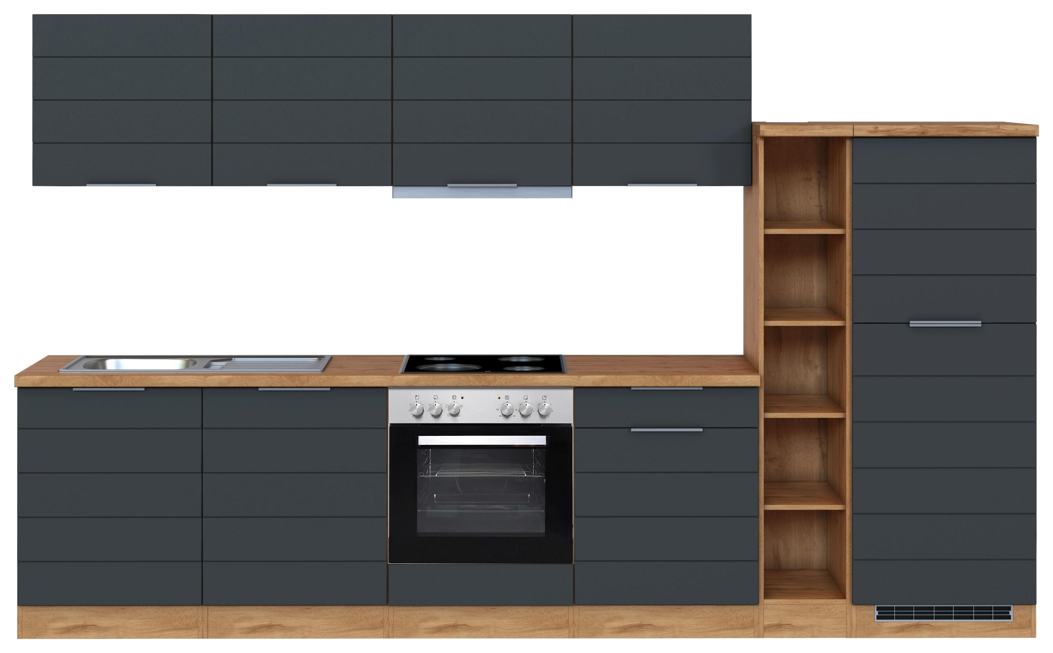 Küchenzeile Florenz mit Geräte B: 330 cm Grau/Eiche Dekor - Eiche Wotan/Grau, Design, Holzwerkstoff (330cm) - Held