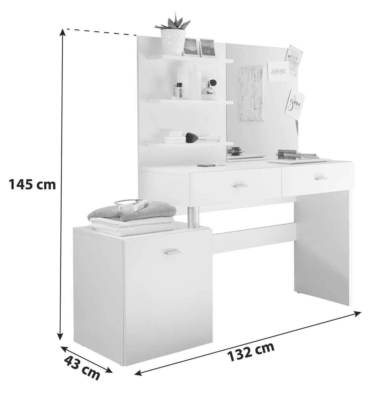 Schminktisch Shadow Weiß B: 132 cm mit Laden + Spiegel - Weiß, Design, Glas/Holzwerkstoff (132/145/43cm) - MID.YOU