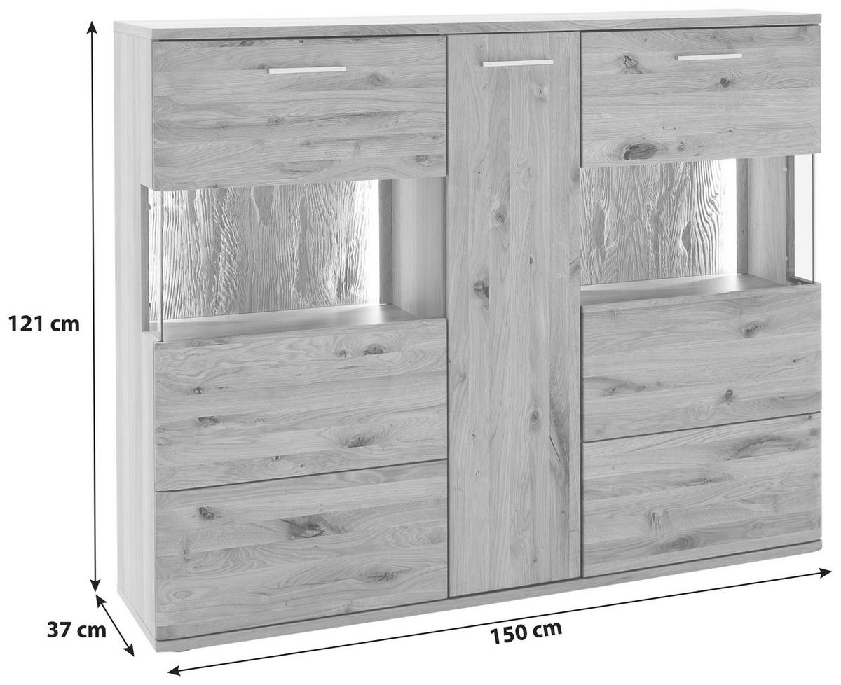 Highboard Santori Eiche teilmassiv - Eichefarben/Schwarz, Design, Glas/Holz (150/121/37cm) - Livetastic