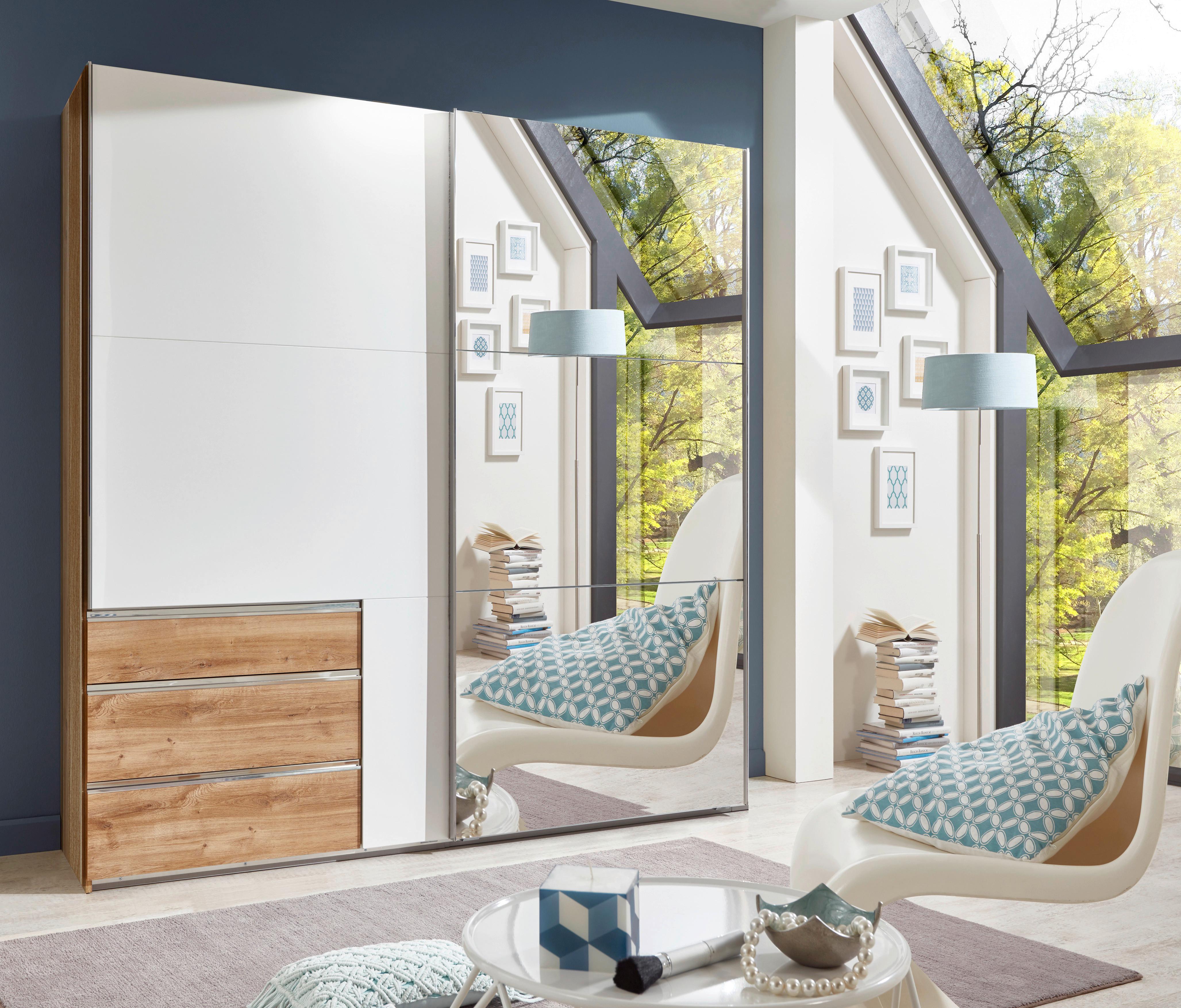 Schwebetürenschrank Level 36 A Weiß/Eiche/Spiegel, B:200cm - Eichefarben/Weiß, MODERN, Glas/Holzwerkstoff (200/216/65cm) - MID.YOU