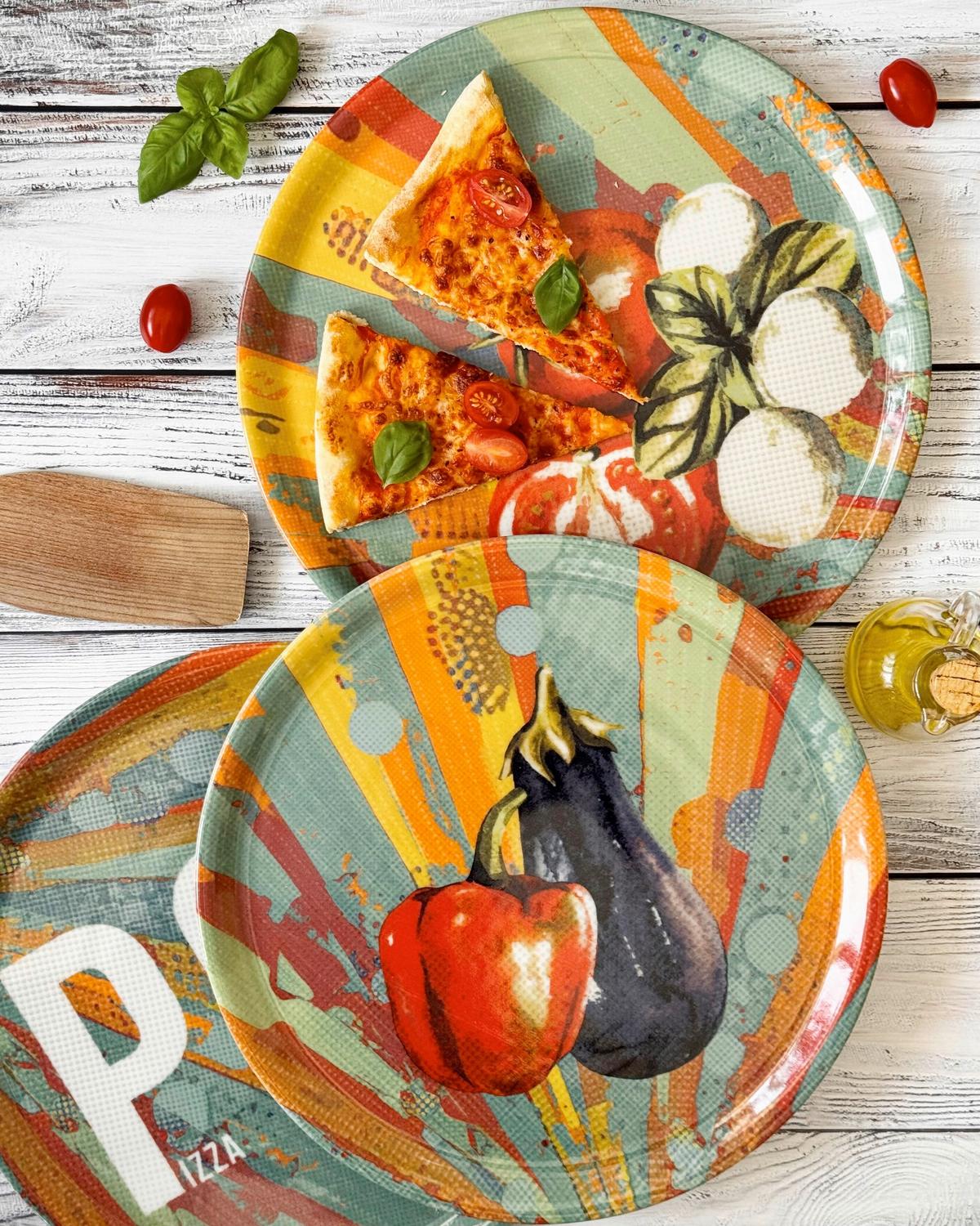 Pizzatellerset Porzellan 4 tlg. D: 31 cm - Blau/Rot, Basics, Keramik (31/2cm) - Mäser