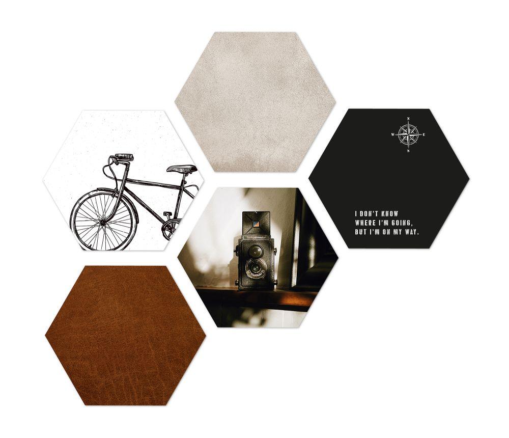 Obraz Hexagon, 5dílná Sada - šedá/bílá, plast (30/25cm) - Modern Living
