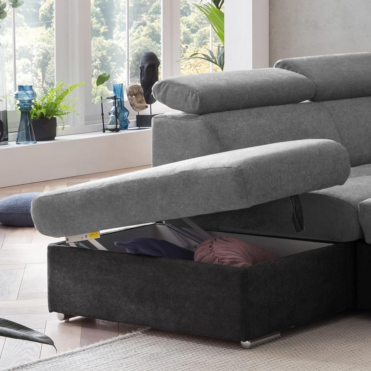 Ecksofa Mit Schlaffunktion Antero Und Bettkasten Grau - Chromfarben/Schwarz, Design, Textil (216/262cm) - Livetastic