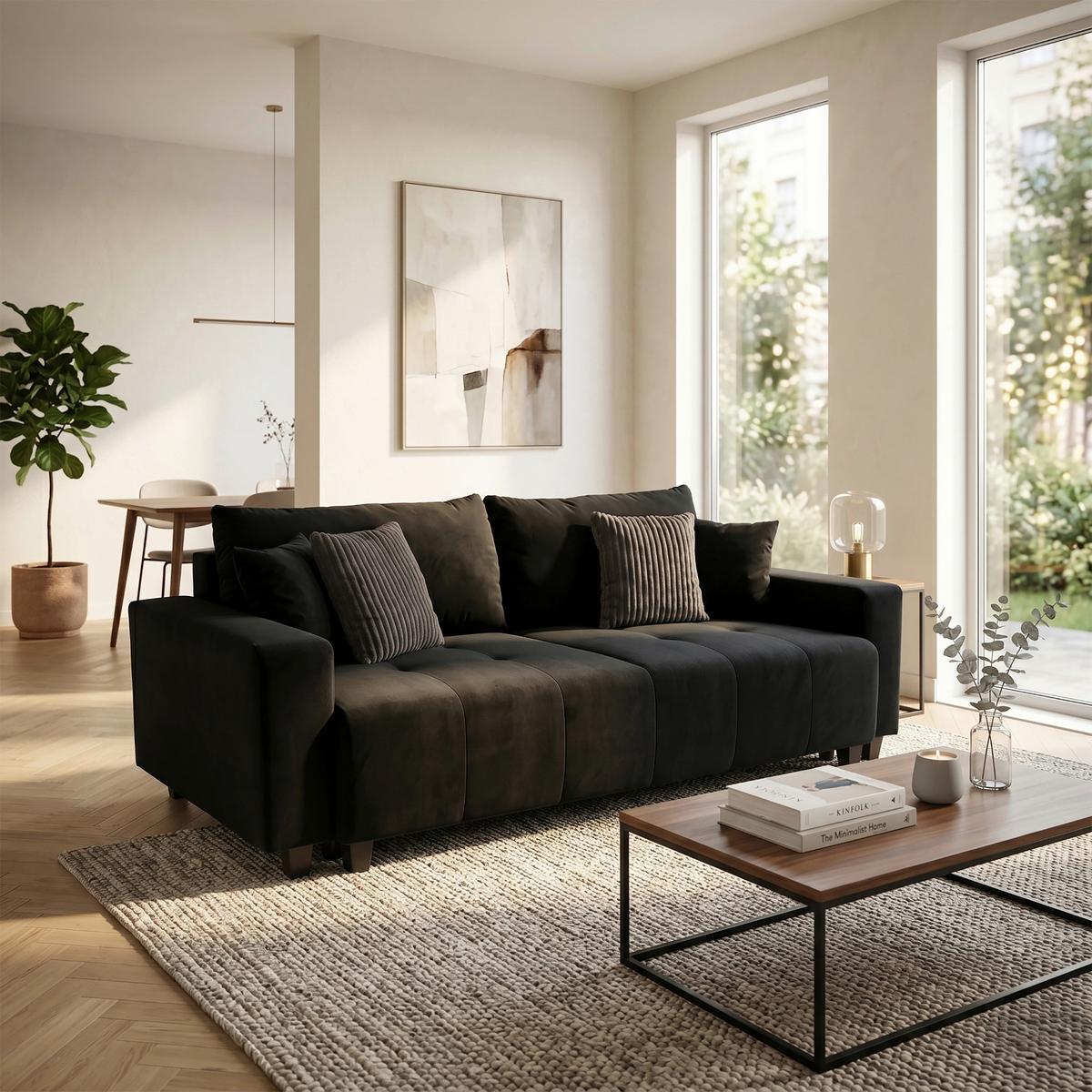 Ecksofa mit Bettfunktion Lily Velours schwarz, 240x119cm - Anthrazit/Schwarz, Trend, Holz/Holzwerkstoff (240/119cm) - Luca Bessoni