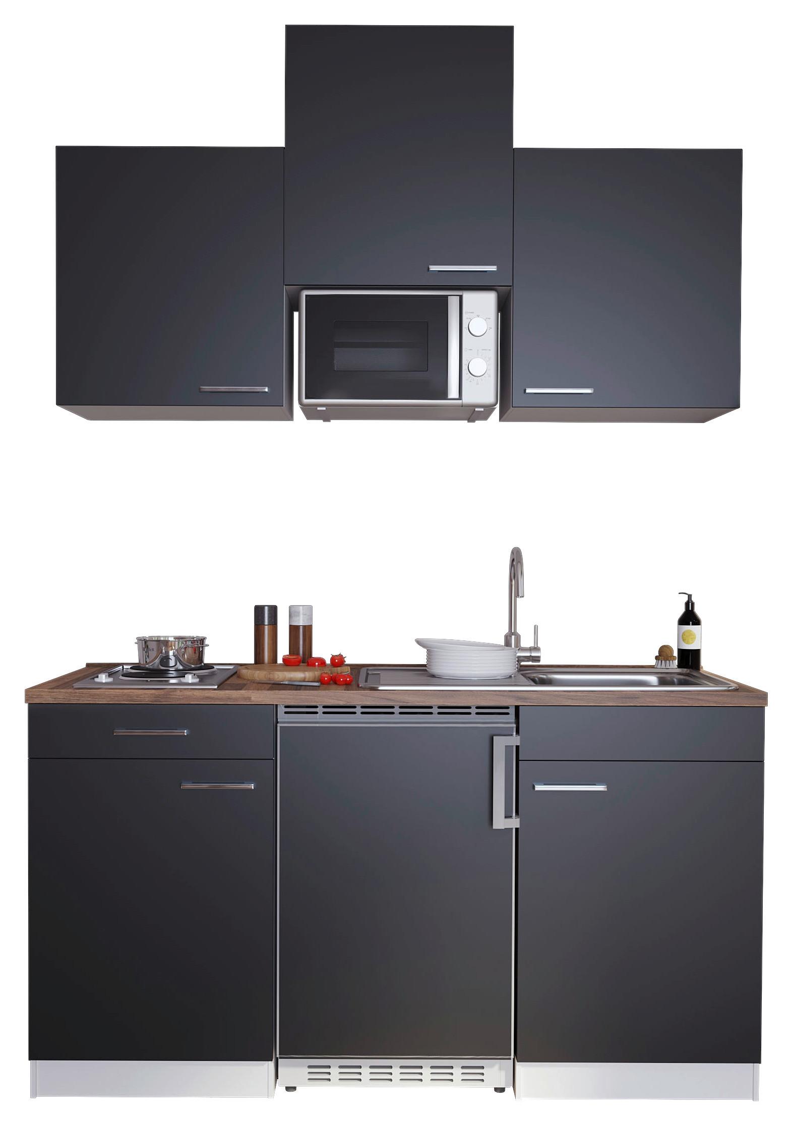 Miniküche Economy mit Geräten 150 cm Schwarz/ Nussbaum Dekor - Nussbaumfarben/Schwarz, Basics, Holzwerkstoff (150cm) - Respekta