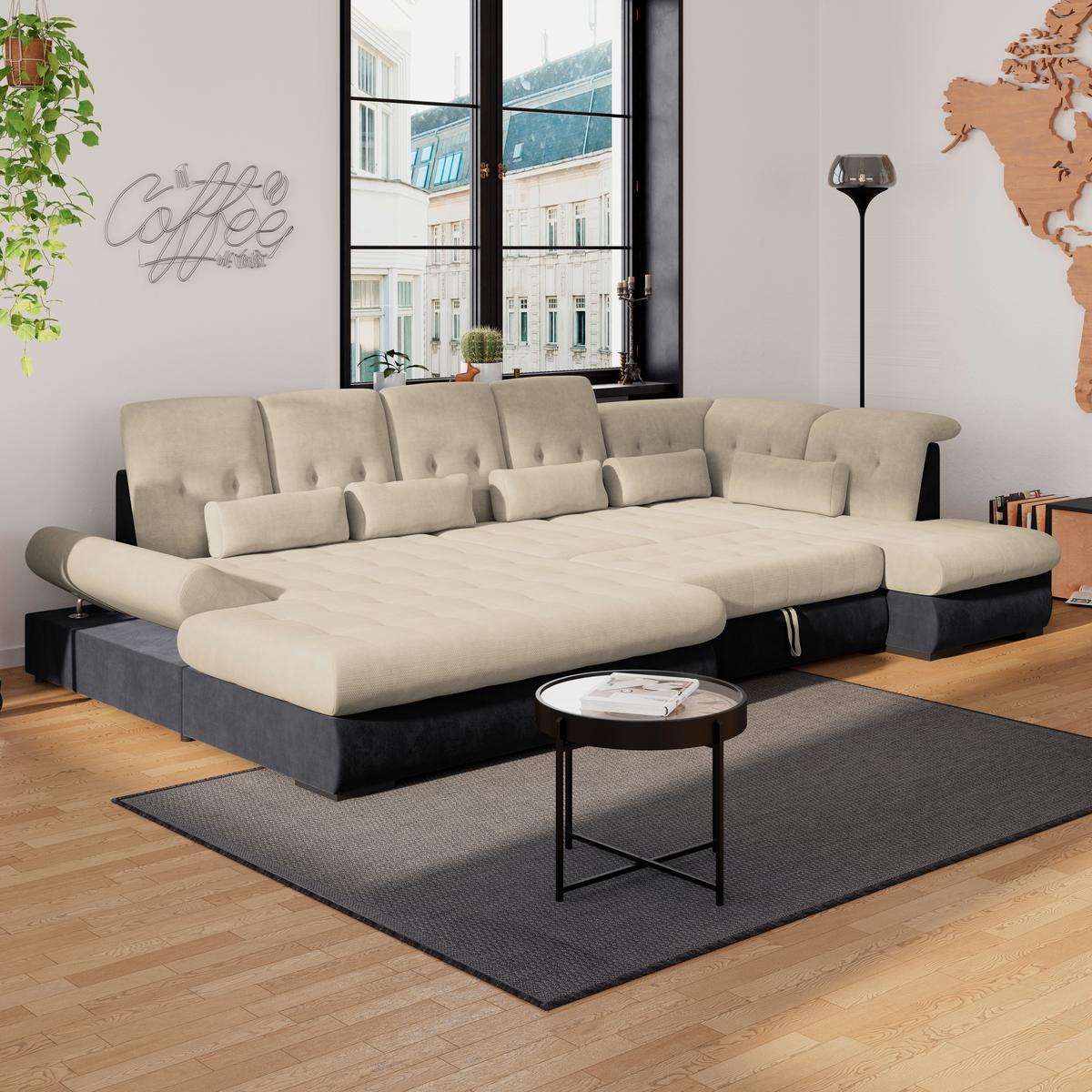 Wohnlandschaft Madera Cremefarben S: 358x212 cm - Anthrazit/Creme, KONVENTIONELL, Kunststoff/Textil (190/358/212cm)